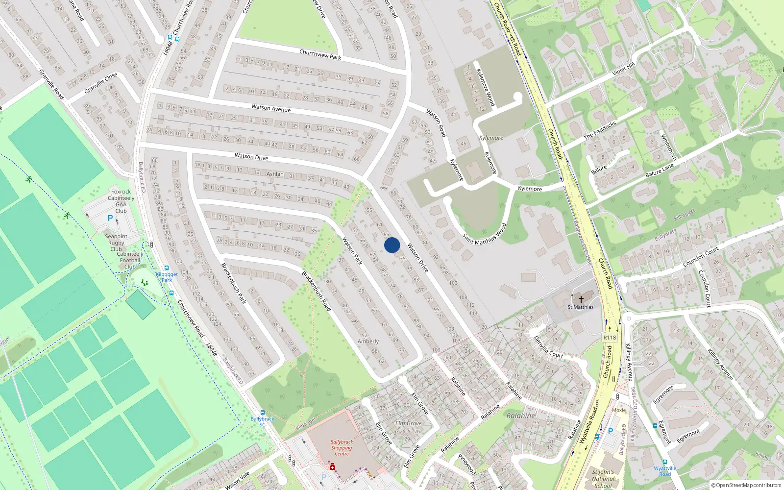 Overhead map showing the location of 69 Watson Drive, Killiney