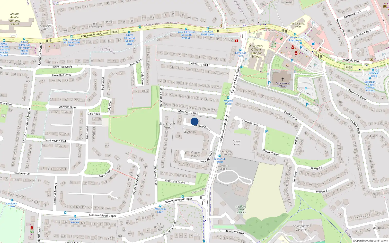 Overhead map showing the location of 69 Whatley Place, Kilmacud Road Upper, Stillorgan