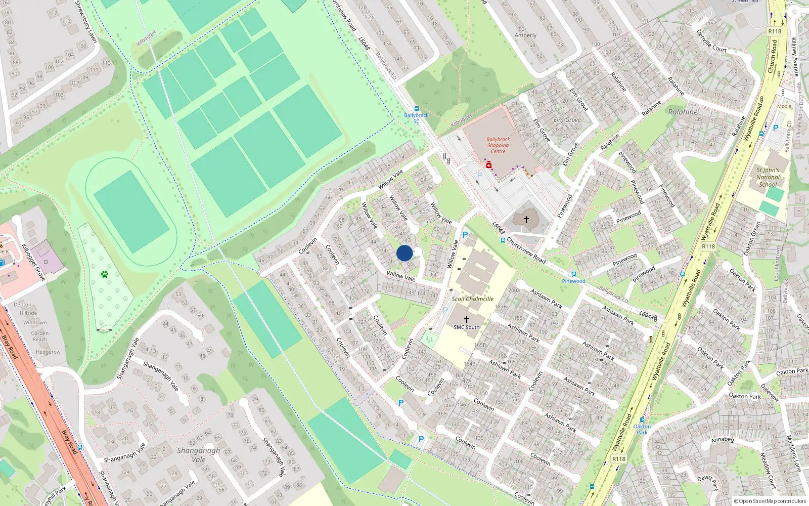 Overhead map showing the location of 69 Willow Vale, Ballybrack