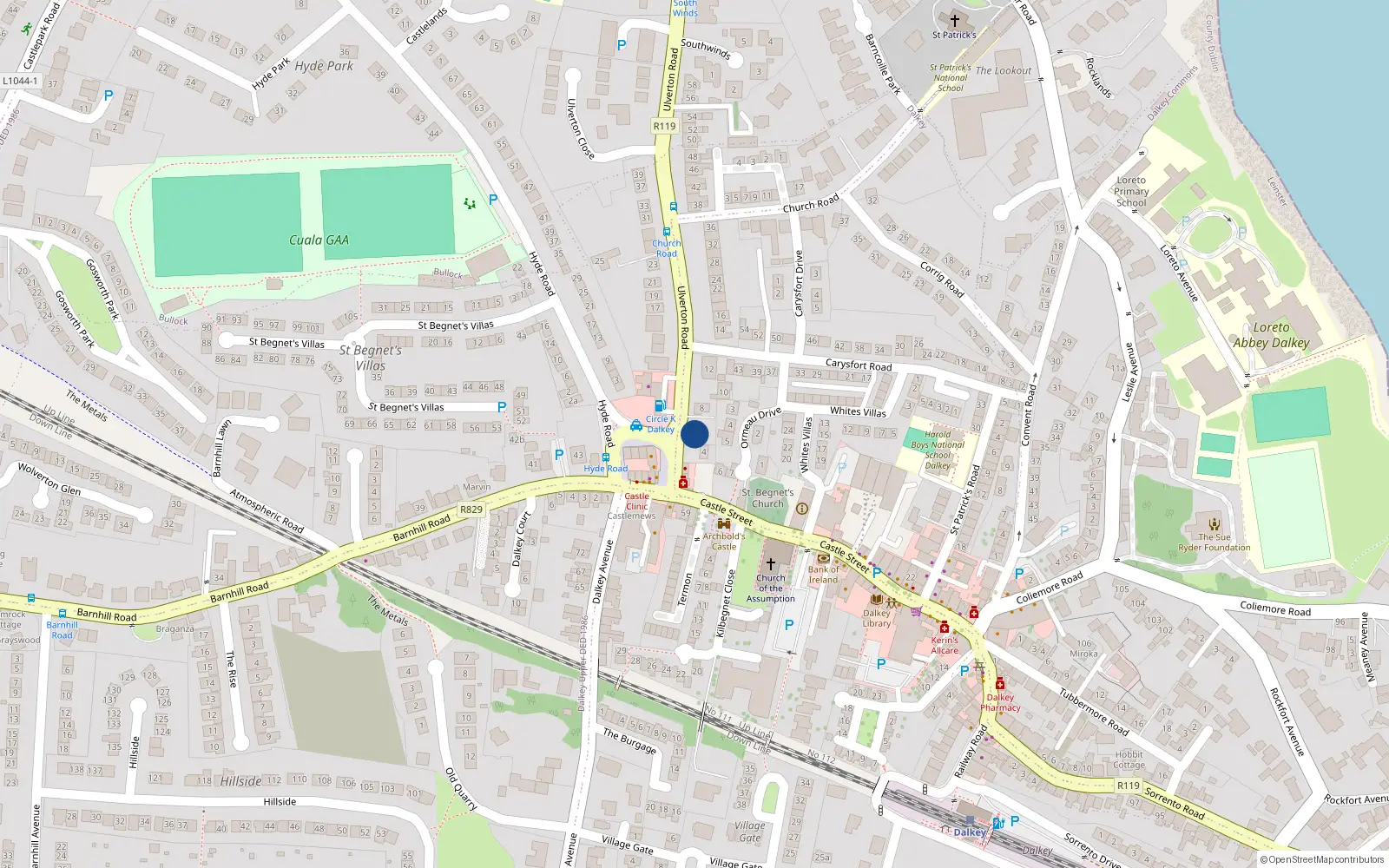 Overhead map showing the location of 6 Ulverton Road, Dalkey