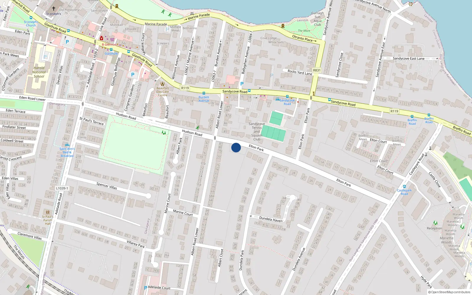 Overhead map showing the location of 6F Buckley Court, 7 Elton Park, Sandycove
