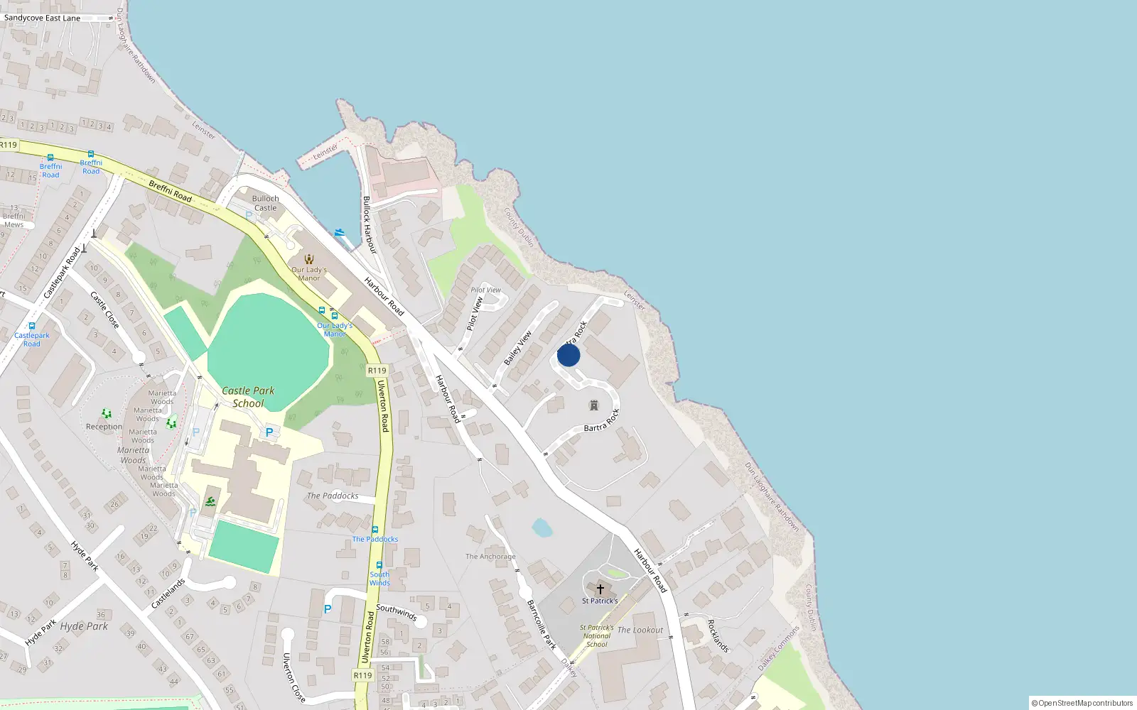 Overhead map showing the location of 7 & 8 Bartra Rock, Harbour Road, Dalkey