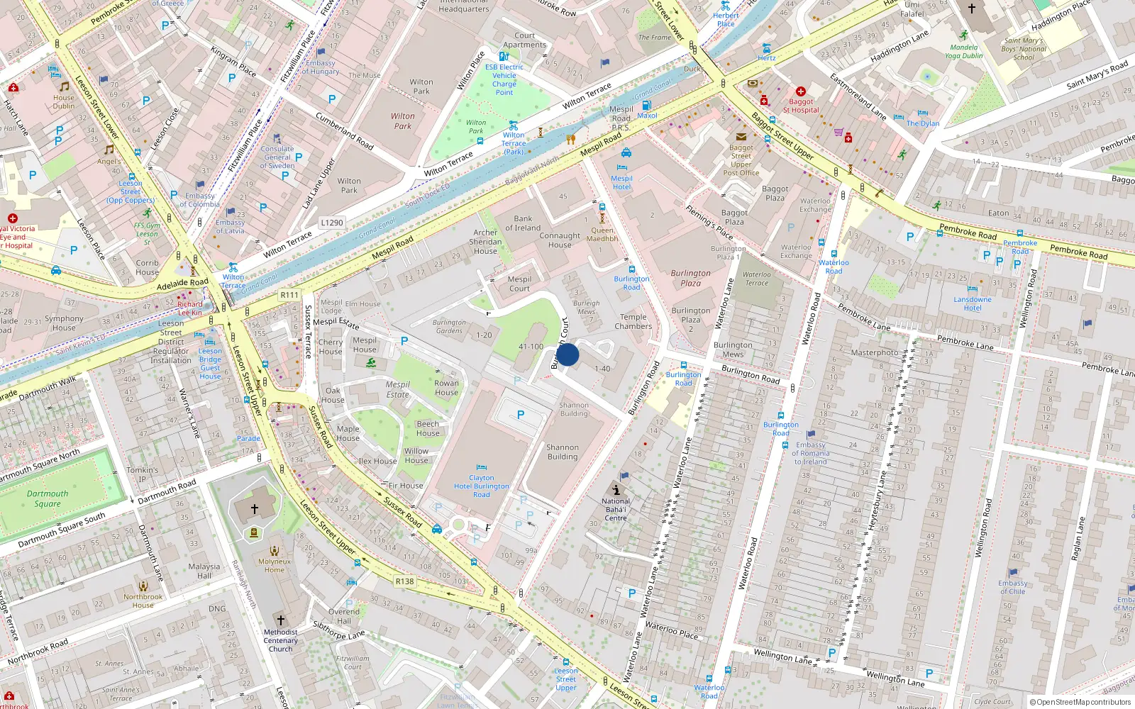 Overhead map showing the location of 7-8 Burleigh Court, Burlington Road, Dublin 4