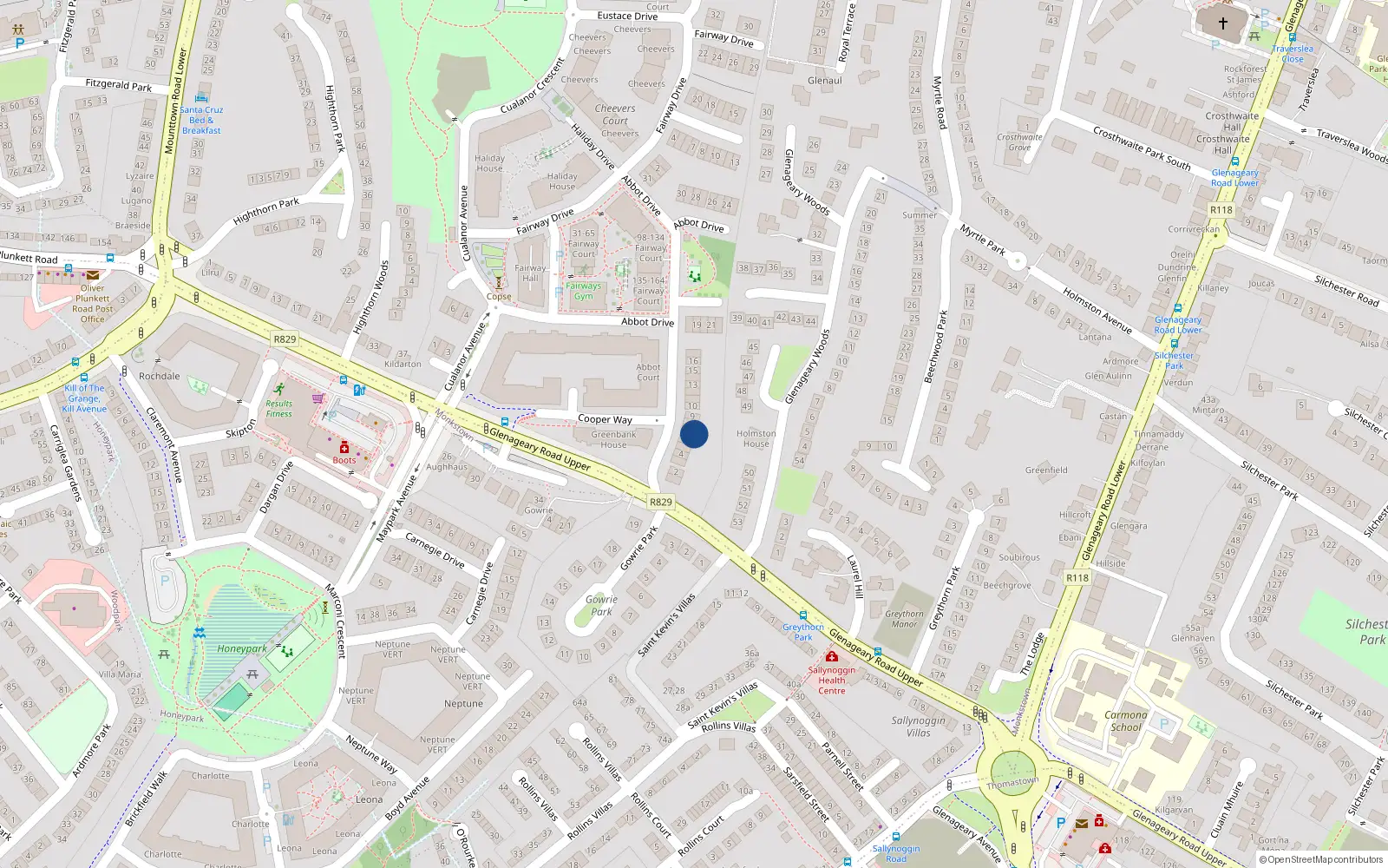Overhead map showing the location of 7 Abbot Drive, Dun Laoghaire