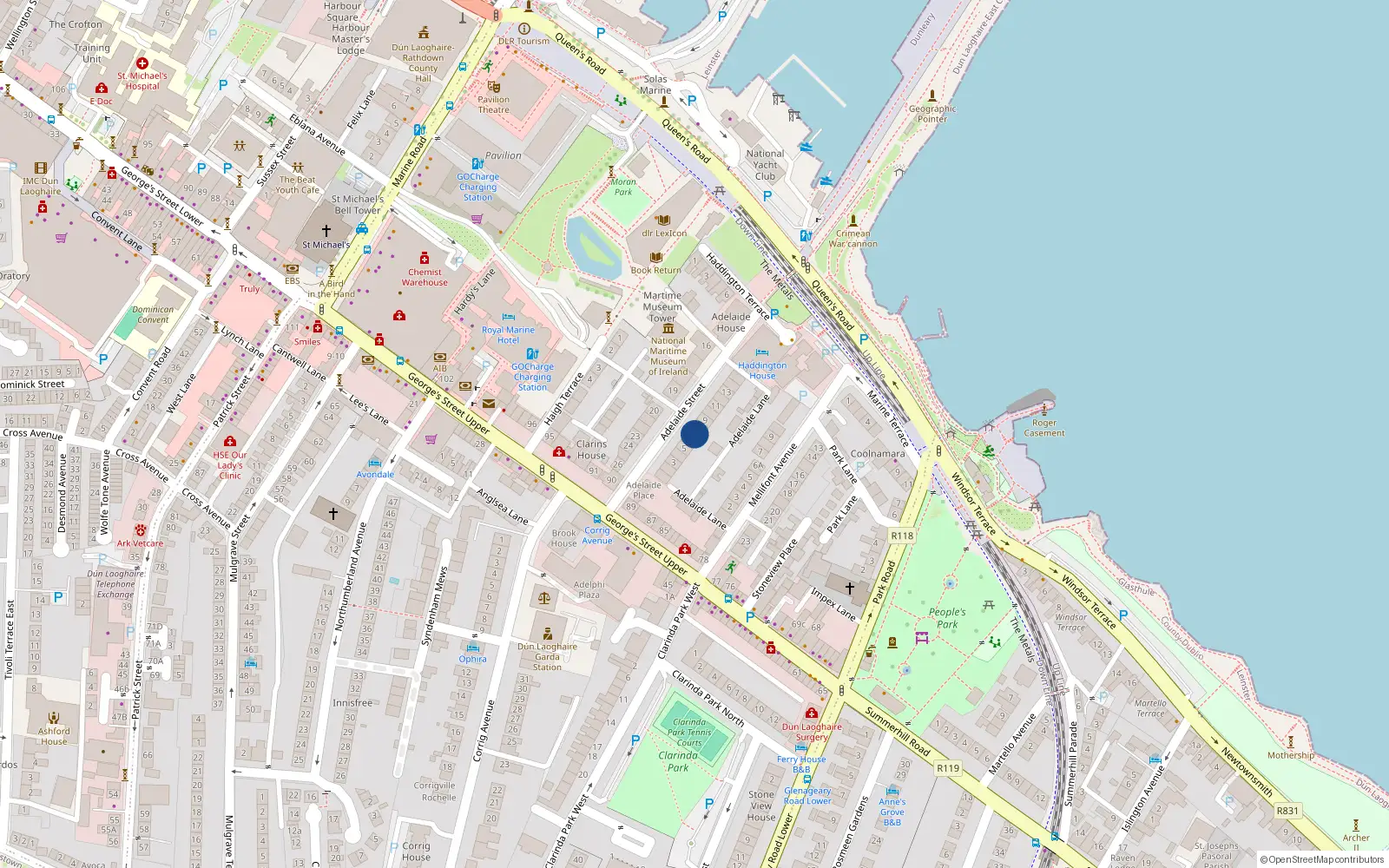 Overhead map showing the location of 7 Adelaide Road, Glasthule