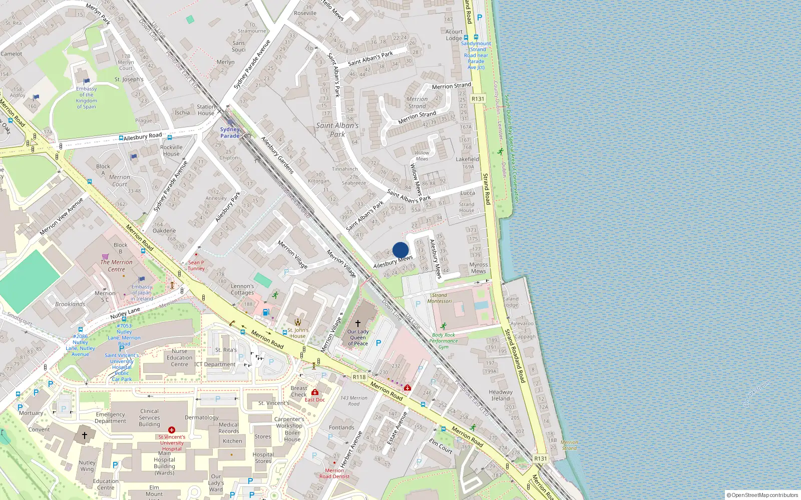Overhead map showing the location of 7 Ailesbury Mews, Sandymount