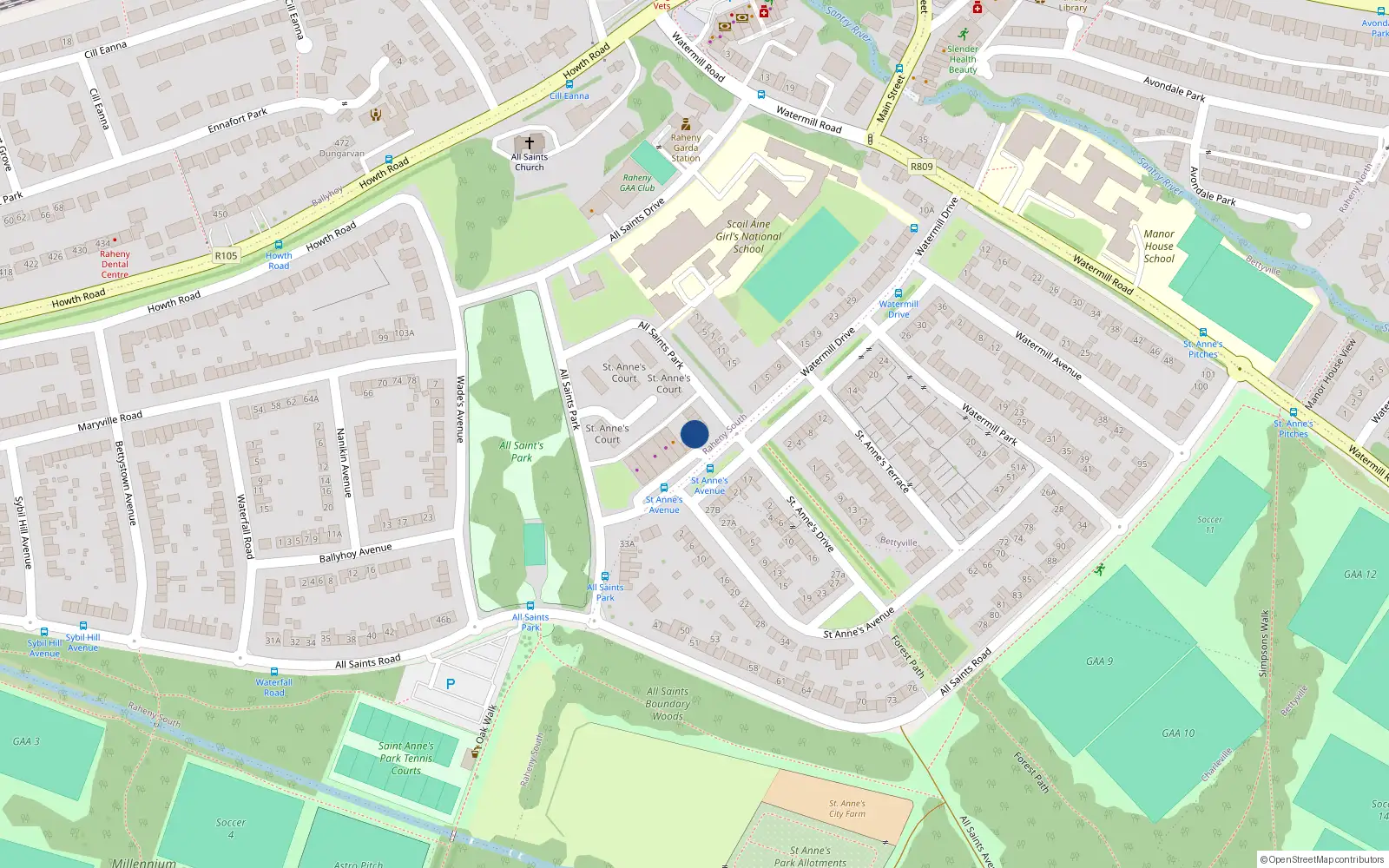 Overhead map showing the location of 7 All Saints Close, Dublin 5