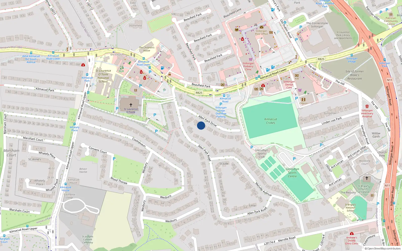 Overhead map showing the location of 7 Allen Park Drive, Dublin