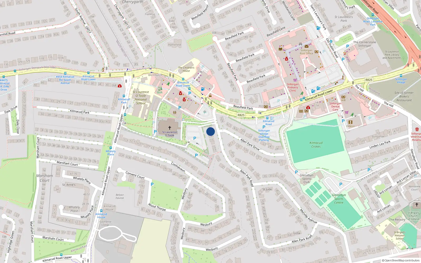 Overhead map showing the location of 7 Allen Park Road, Stillorgan, Dublin