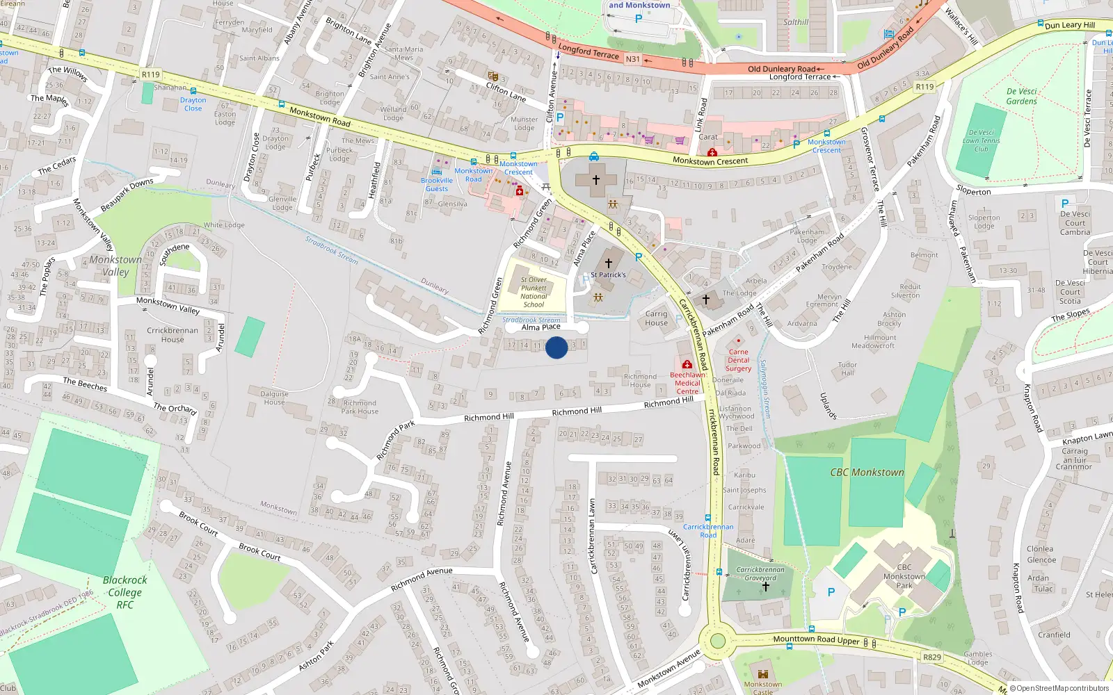 Overhead map showing the location of 7 Alma Park, Monkstown, Dublin