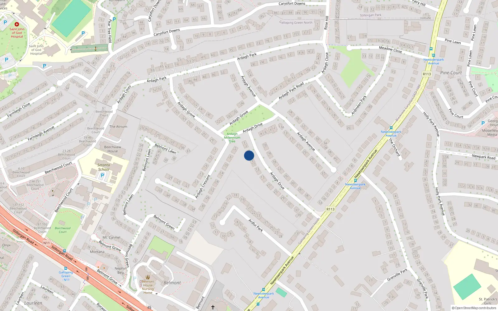 Overhead map showing the location of 7 Ardagh Drive, Blackrock