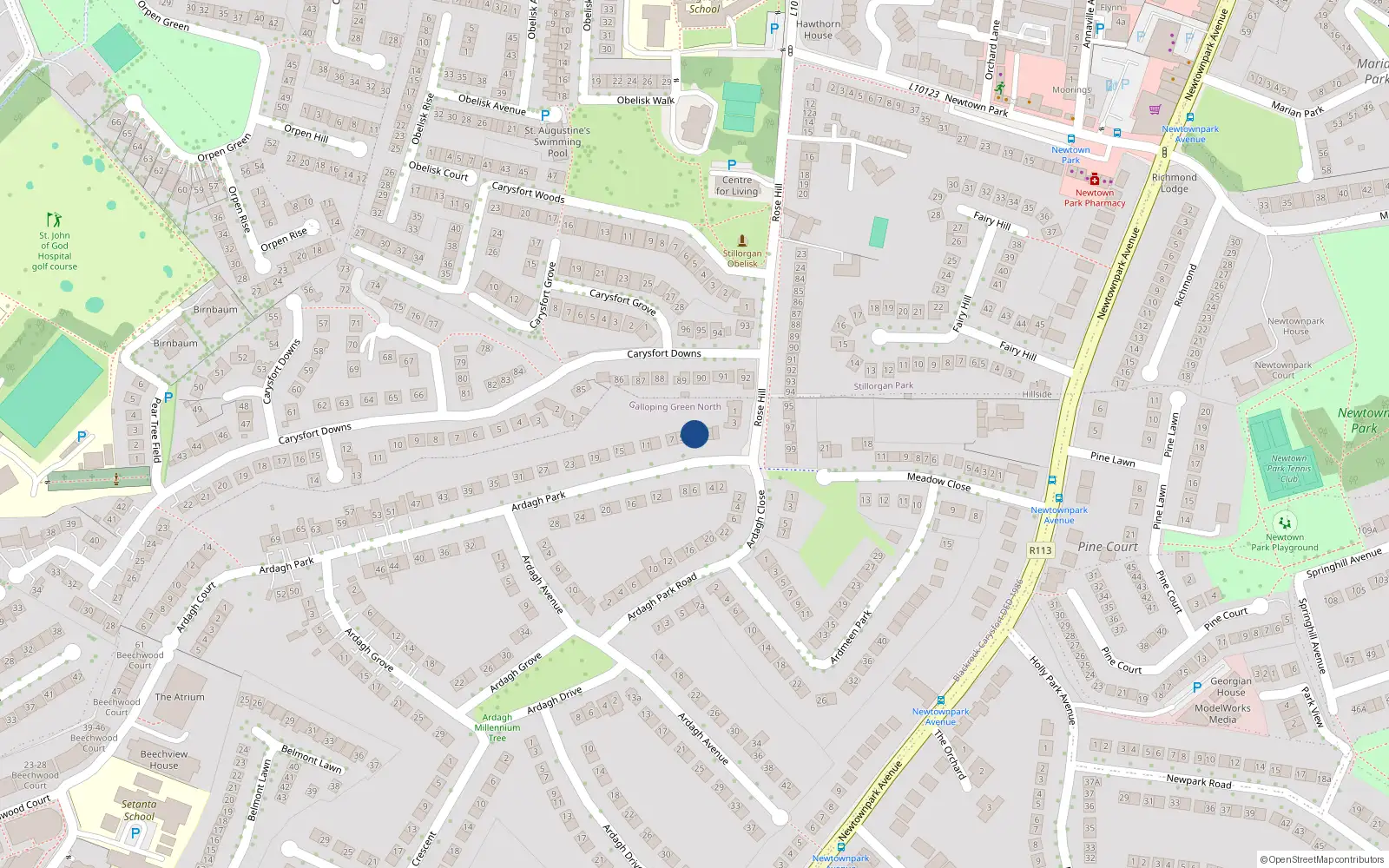 Overhead map showing the location of 7 Ardagh Park, Blackrock