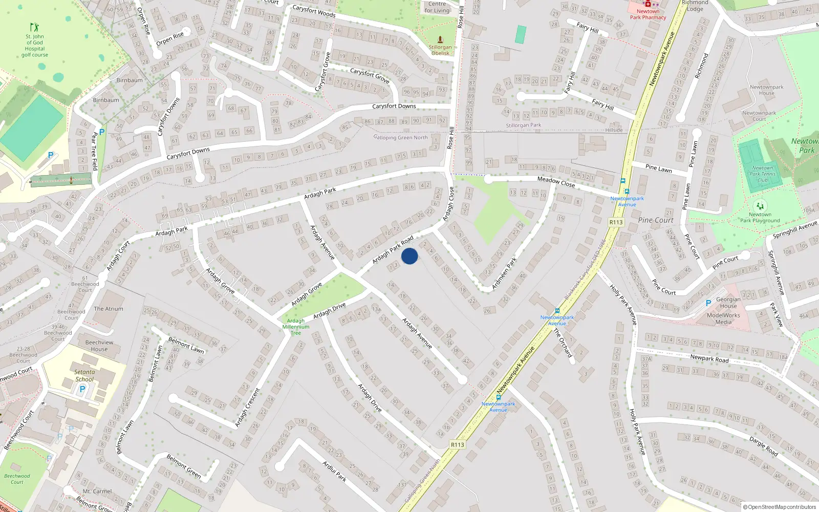 Overhead map showing the location of 7 Ardagh Park Road, Galloping Green North