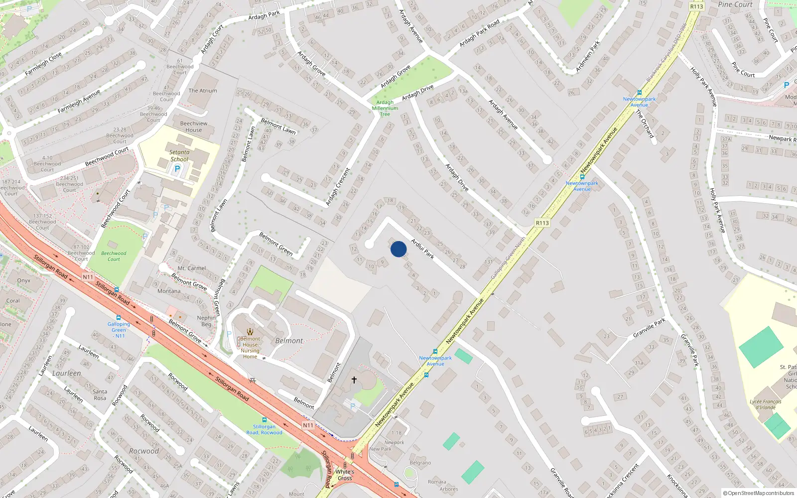 Overhead map showing the location of 7 Ardlui Park, Blackrock
