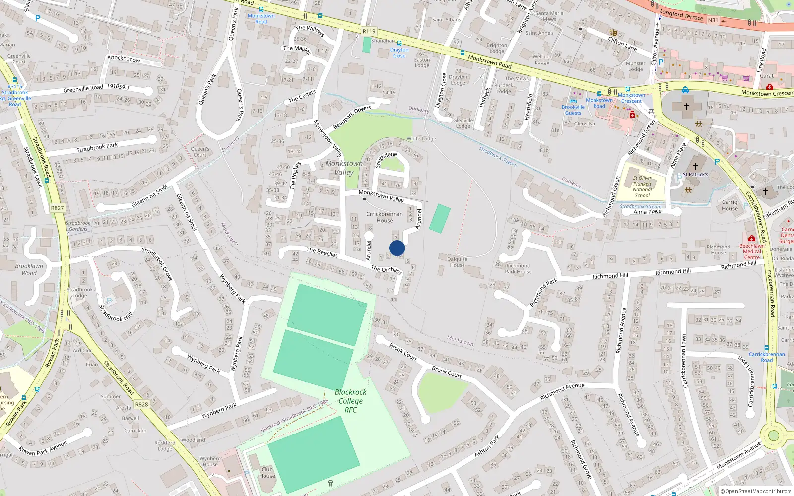 Overhead map showing the location of 7 Arundel, Monkstown