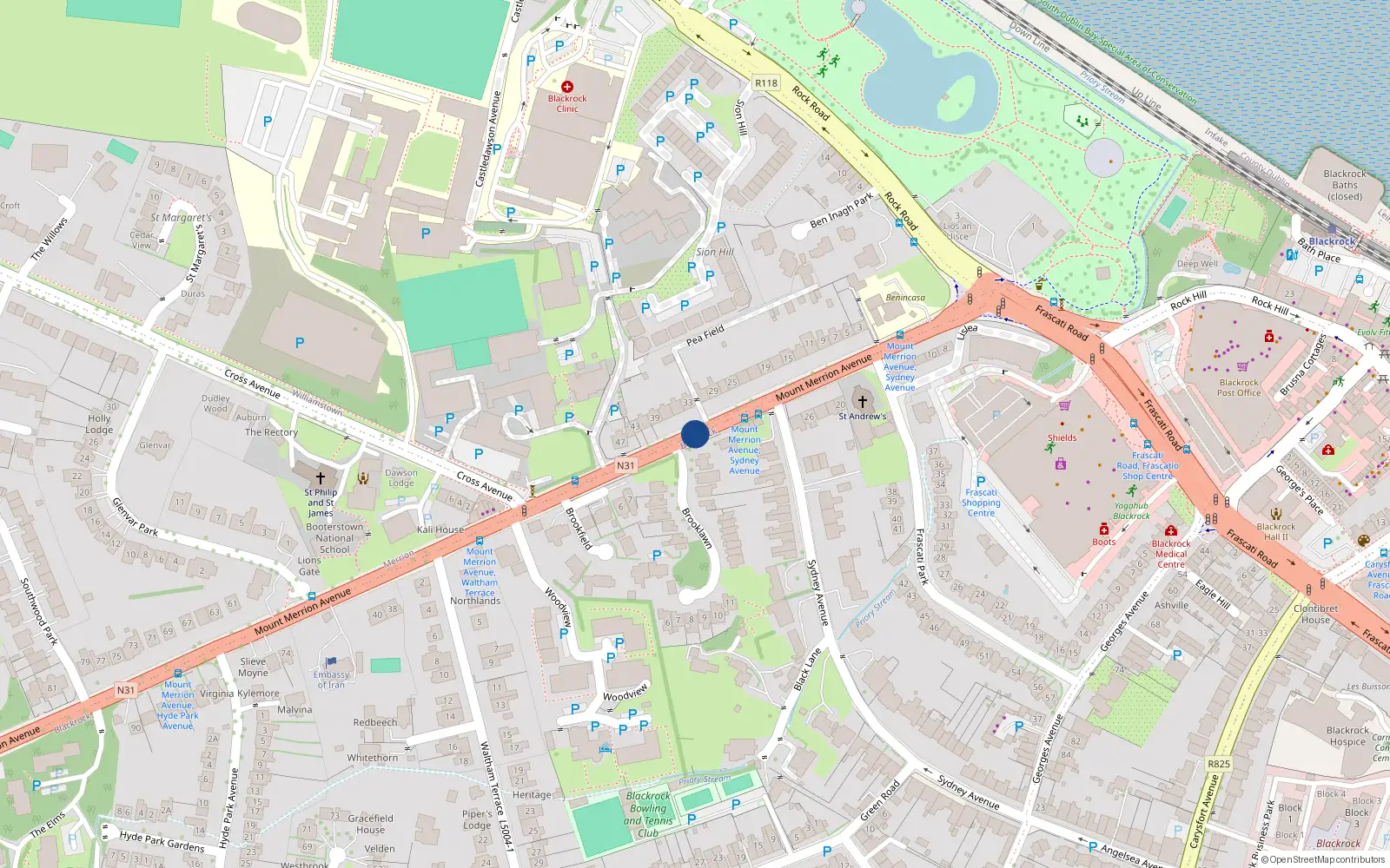 Overhead map showing the location of 7 Ashurst, Mount Merrion Avenue, Blackrock