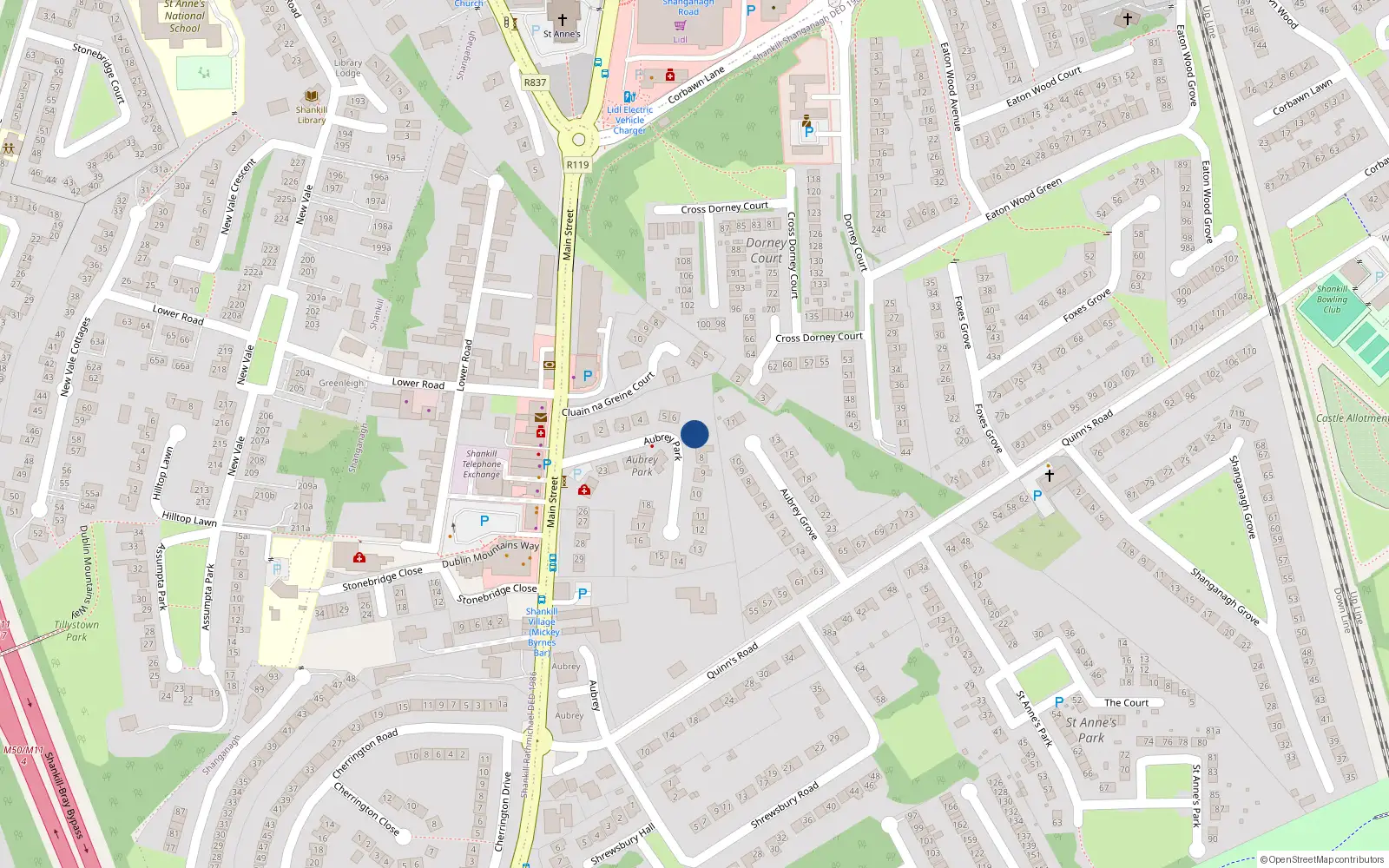 Overhead map showing the location of 7 Aubrey Park, Dublin