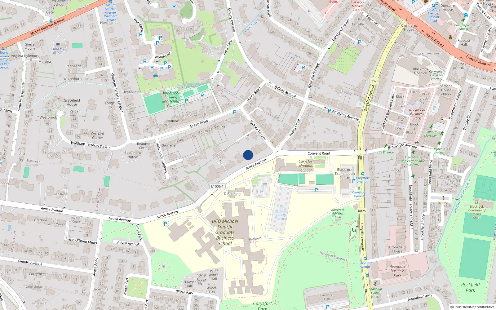 Overhead map showing the location of 7 Avoca Avenue, Blackrock