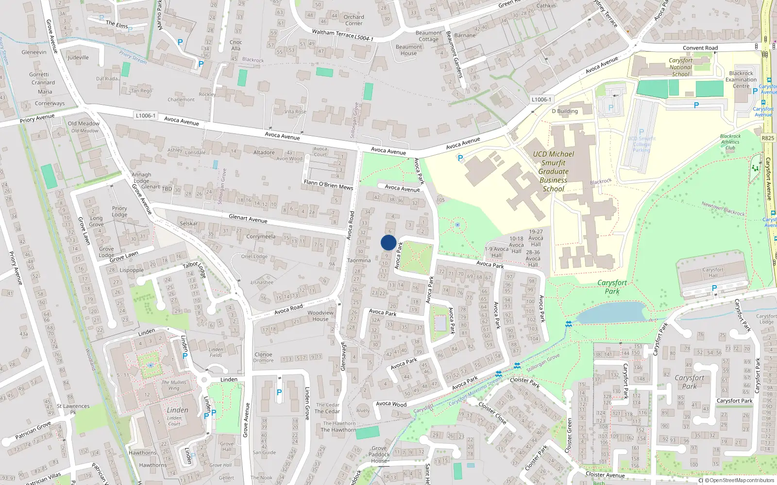Overhead map showing the location of 7 Avoca Park, Blackrock, Dublin