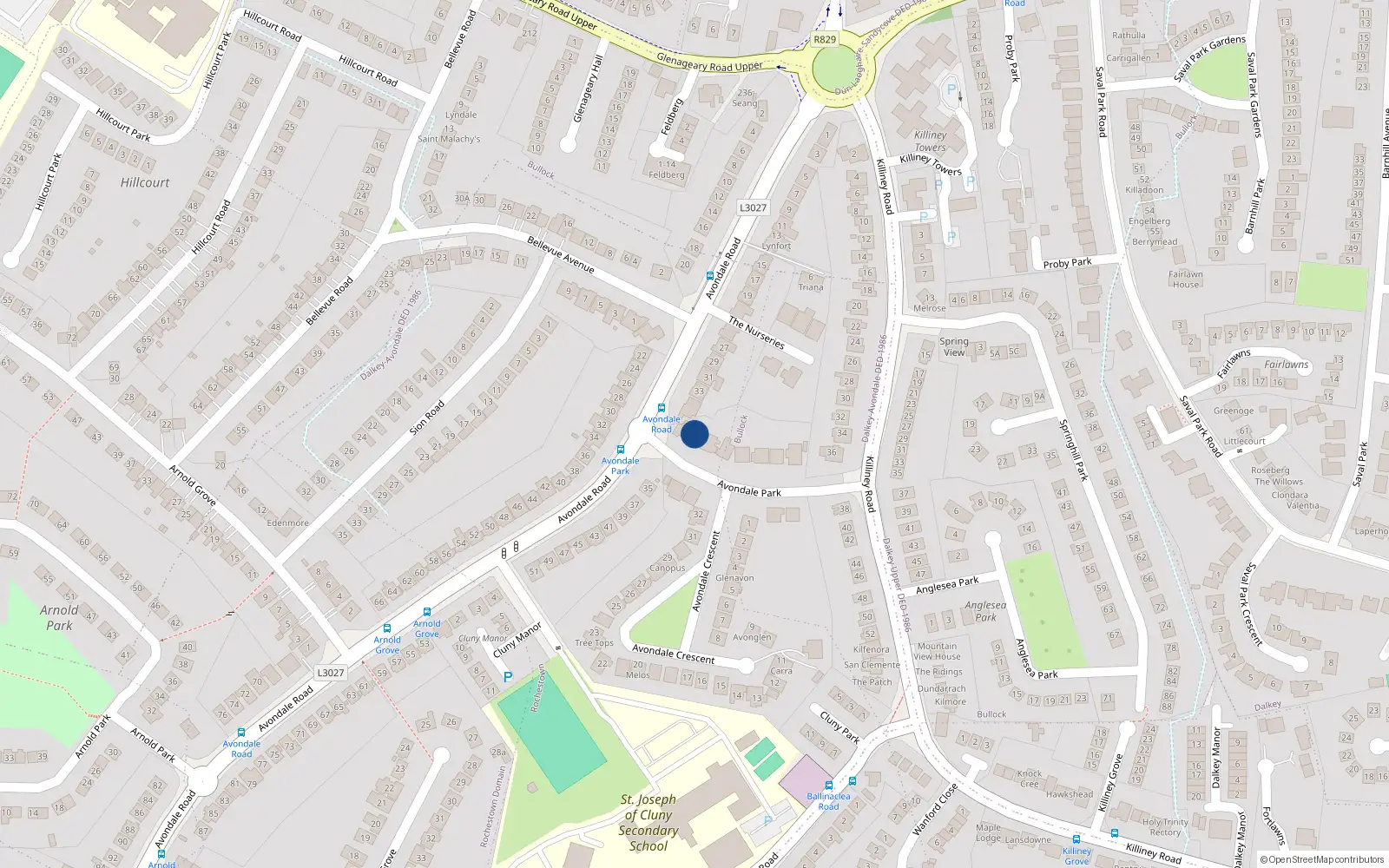 Overhead map showing the location of 7 Avondale Park, Killiney