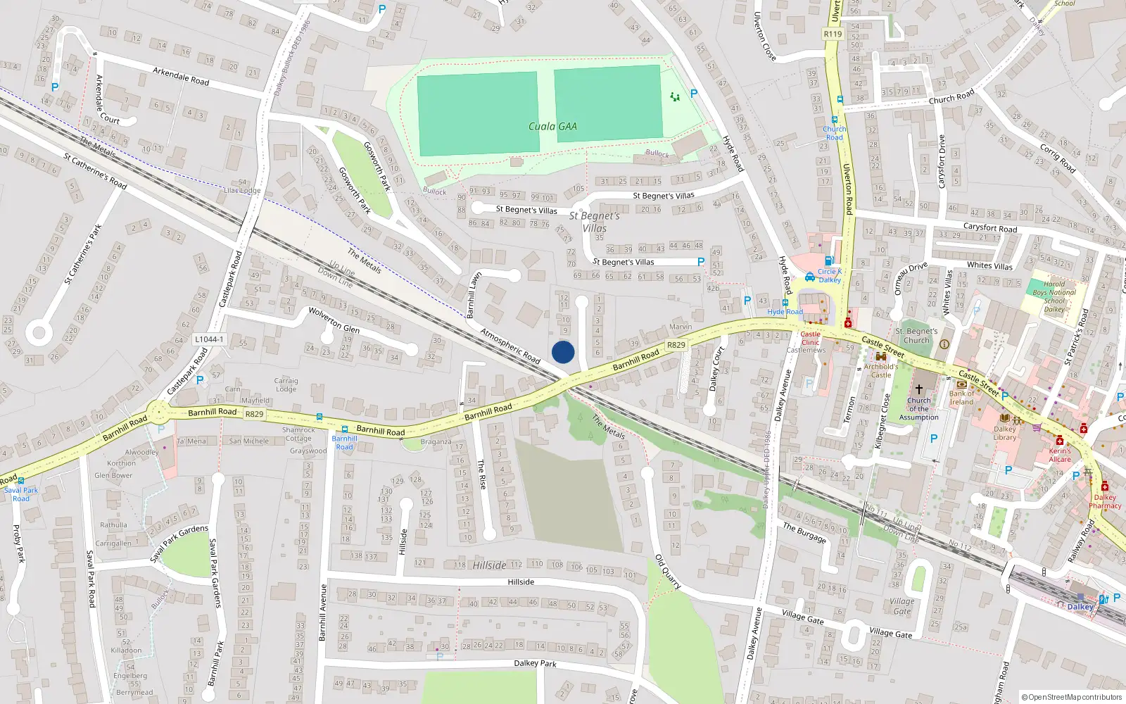 Overhead map showing the location of 7 Barnhill Grove, Dalkey