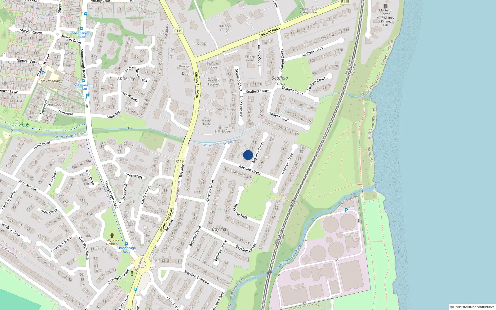 Overhead map showing the location of 7 Bayview Court, Killiney, Dublin