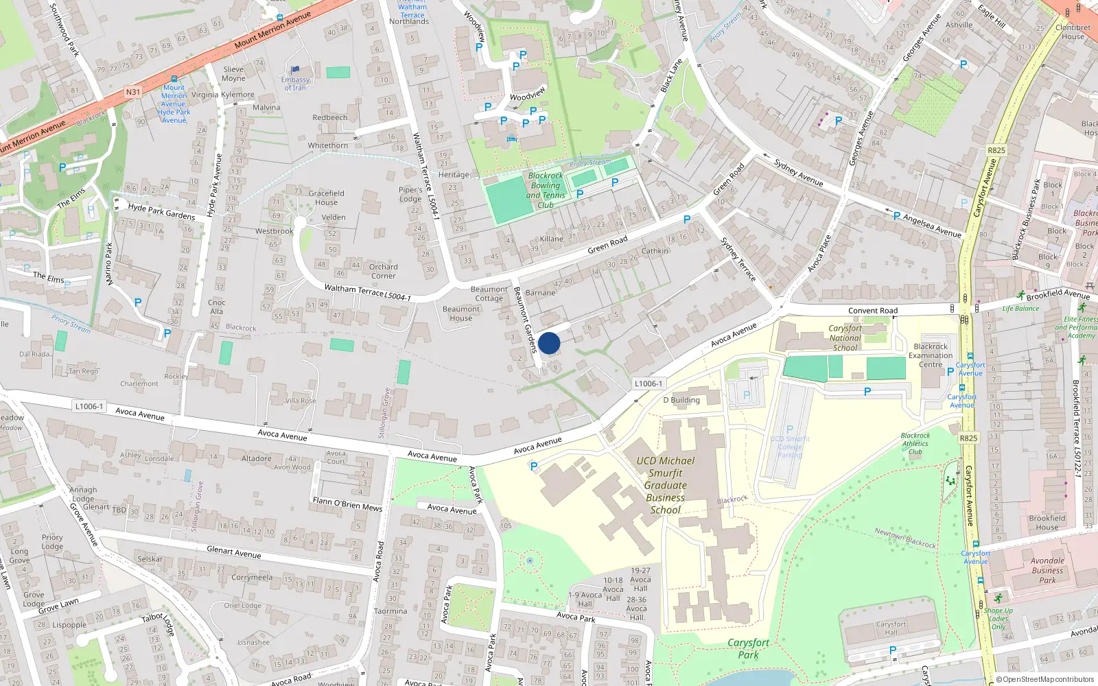 Overhead map showing the location of 7 Beaumont Gardens, Blackrock, Dublin