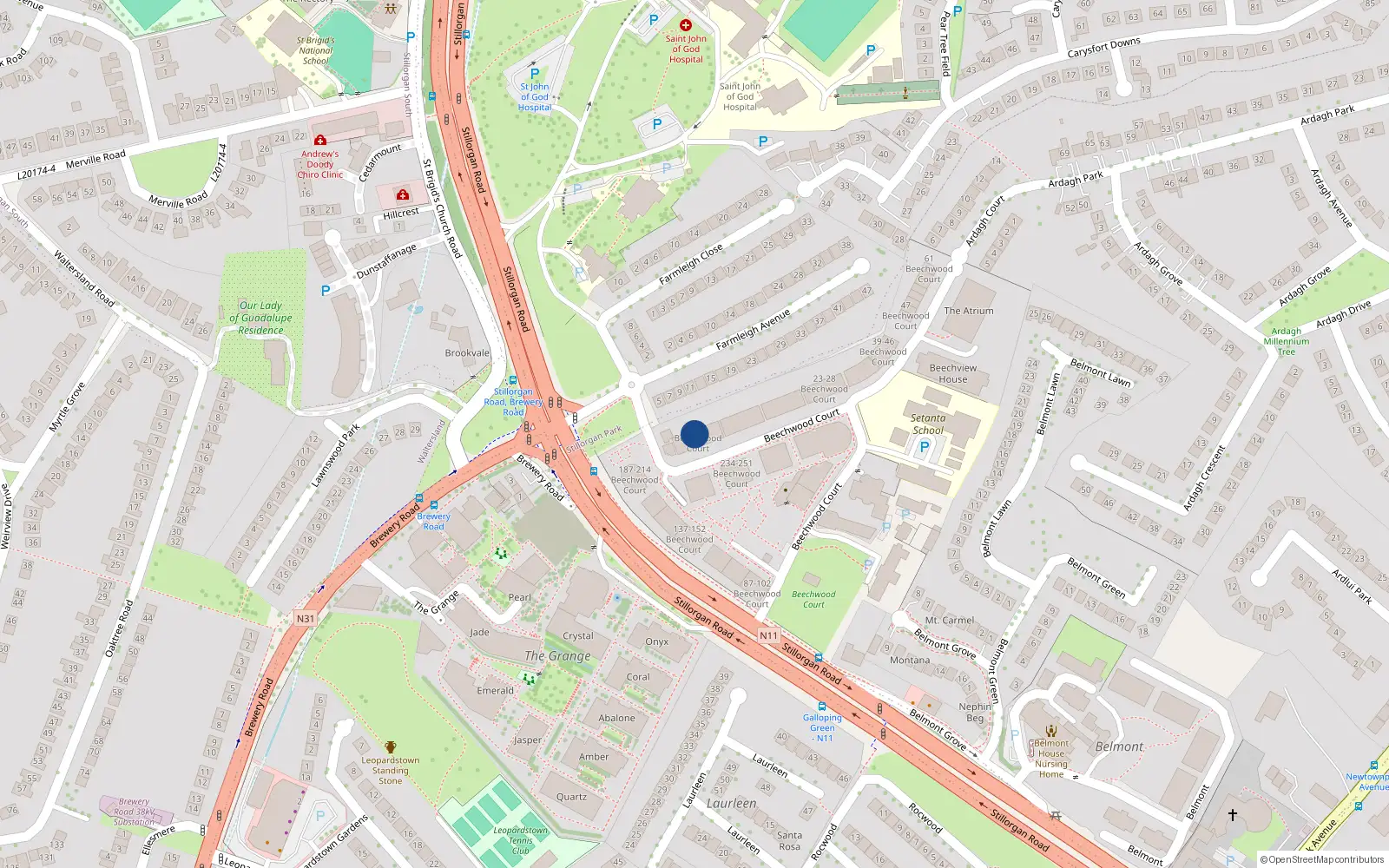 Overhead map showing the location of 7 Beechwood Court, Stillorgan, Dublin