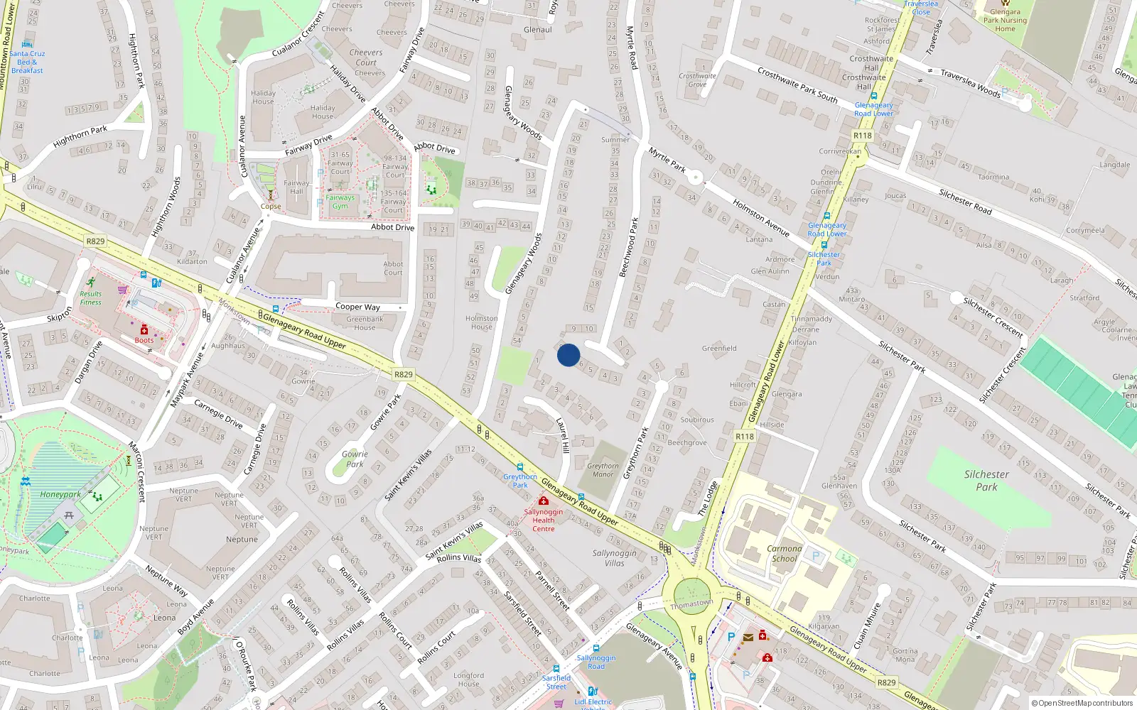 Overhead map showing the location of 7 Beechwood Grove, Dublin