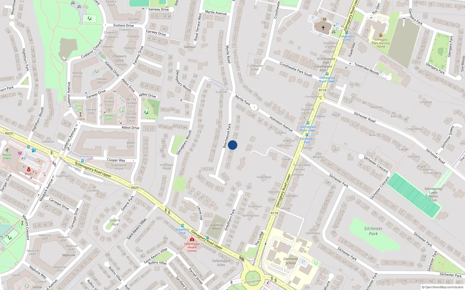 Overhead map showing the location of 7 Beechwood Park, Dublin