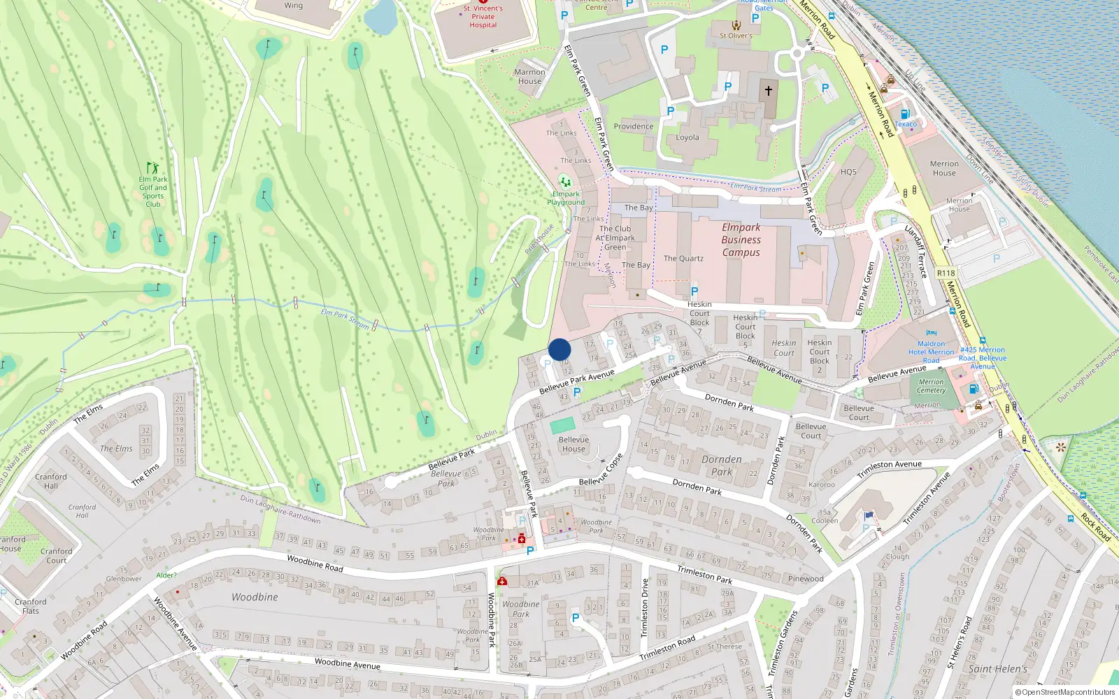 Overhead map showing the location of 7 Bellevue Park Avenue, Blackrock, Dublin