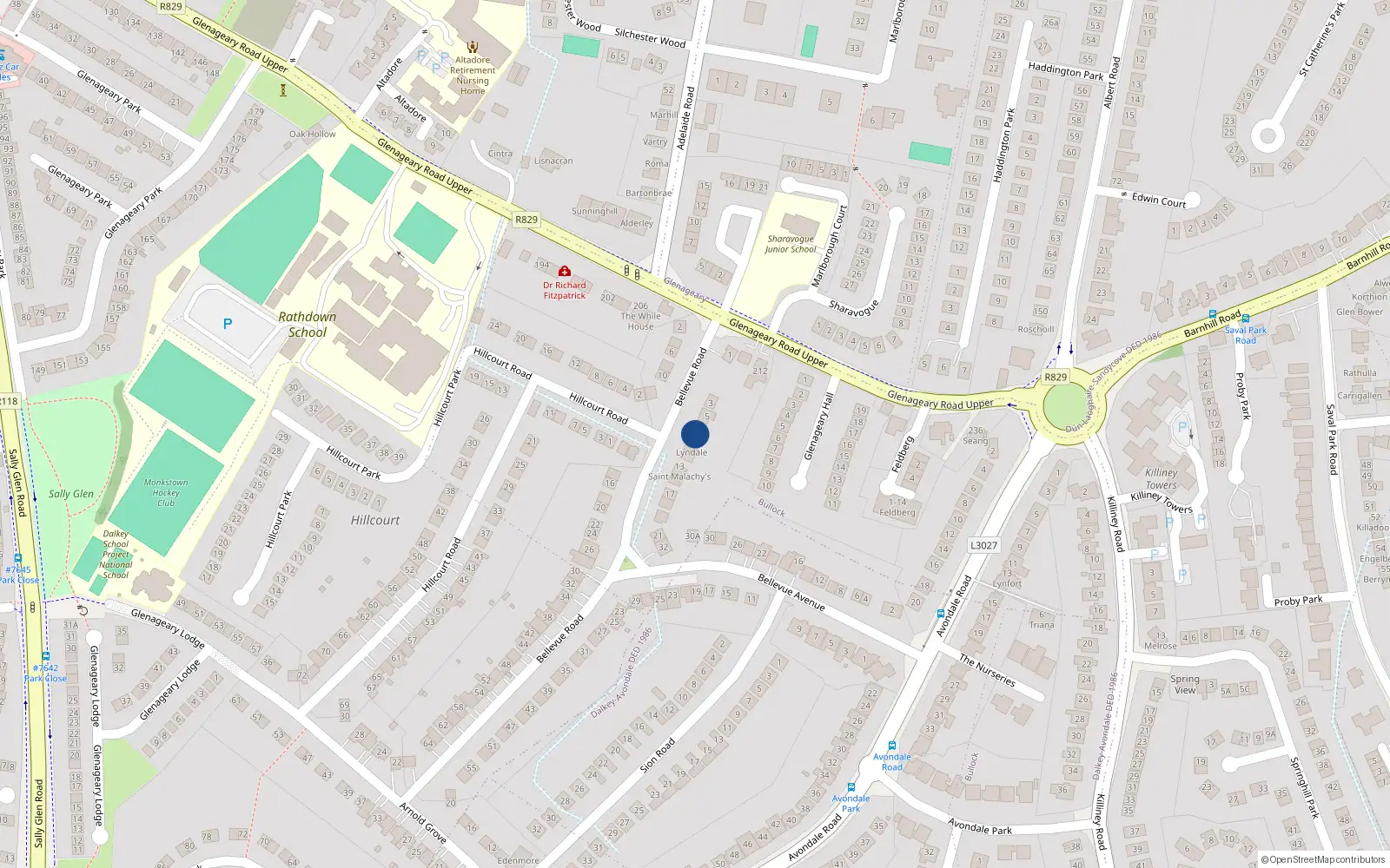 Overhead map showing the location of 7 Bellevue Road, Glenageary, Co Dublin
