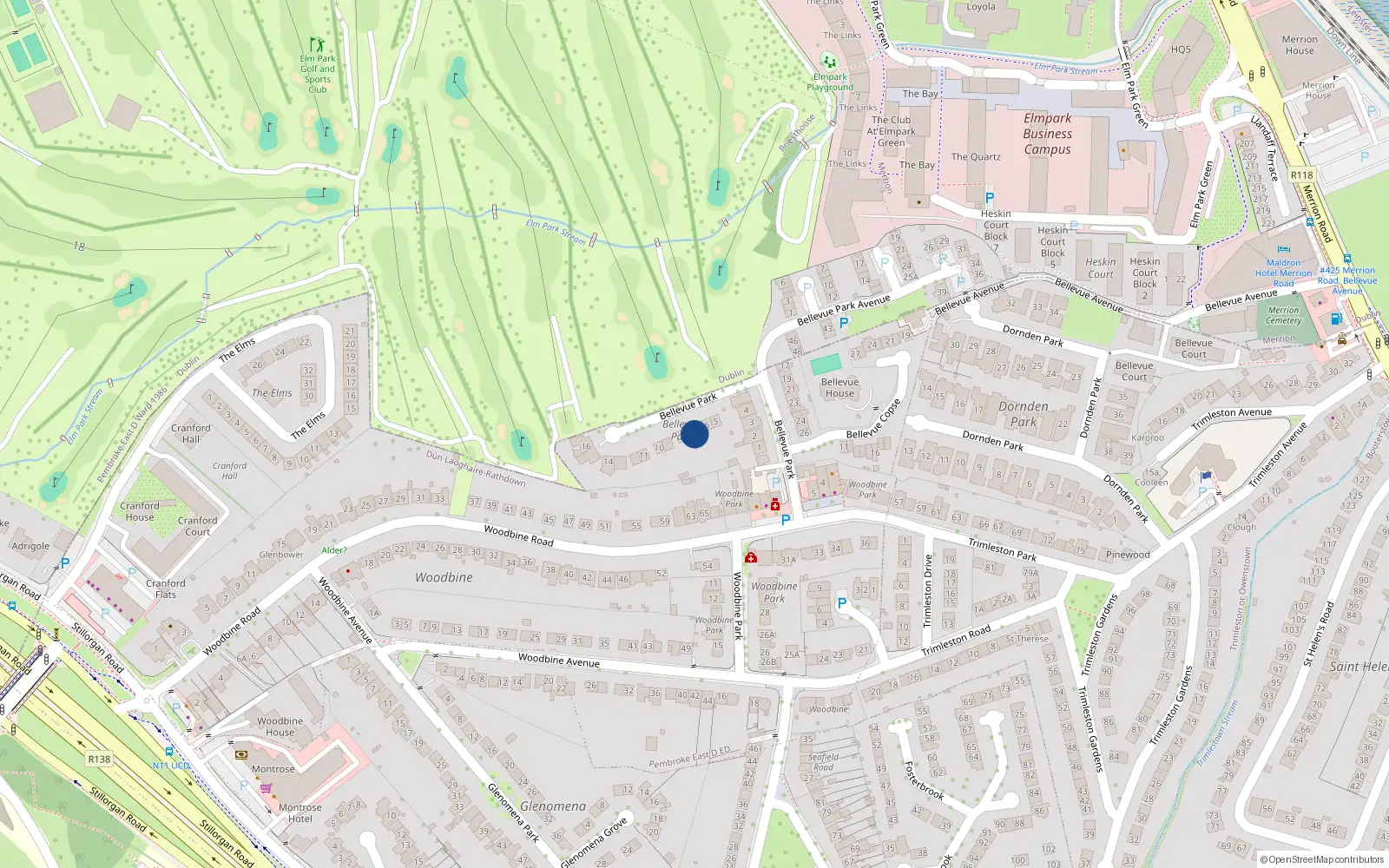 Overhead map showing the location of 7 Bellvue Park, Blackrock, Dublin