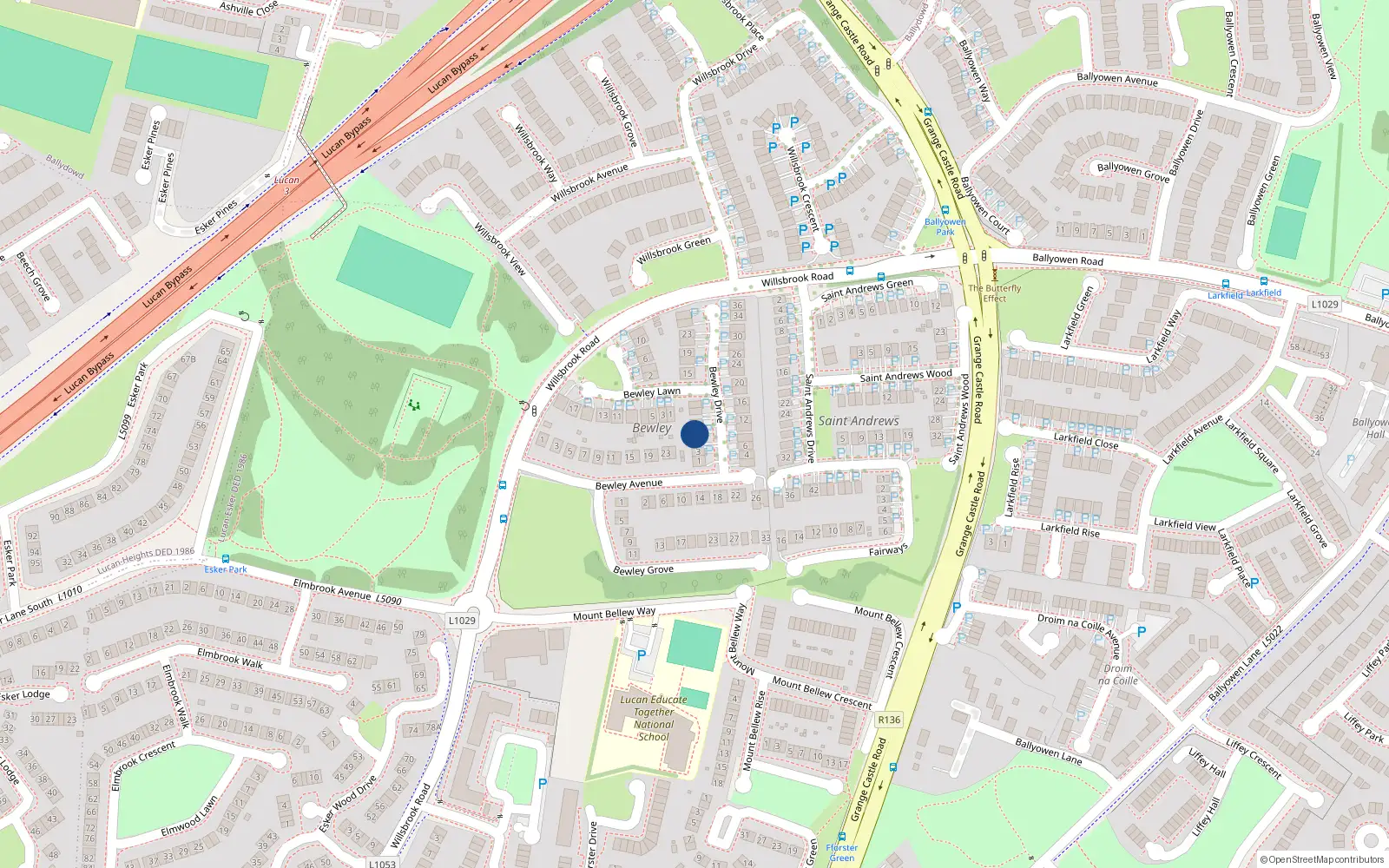 Overhead map showing the location of 7 Bewley Drive, Lucan, Dublin