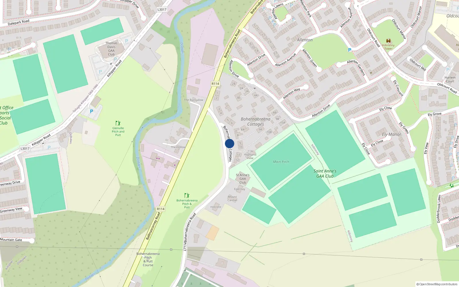 Overhead map showing the location of 7 Bohernabreena Cottages, Dublin