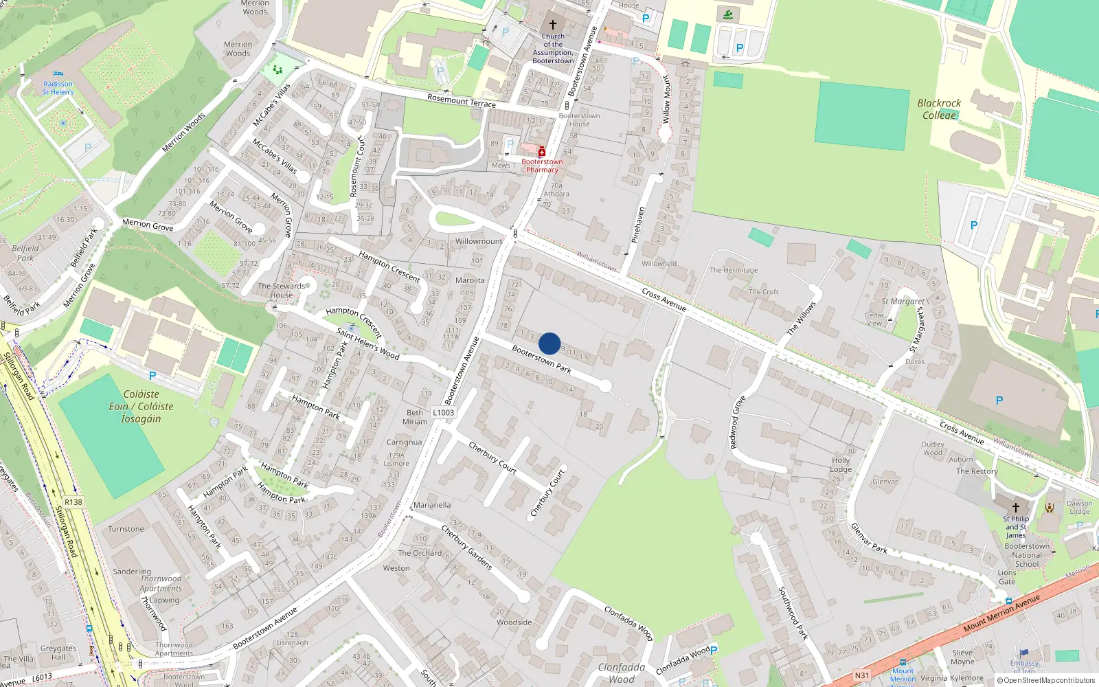 Overhead map showing the location of 7 Booterstown Park, Blackrock, Dublin