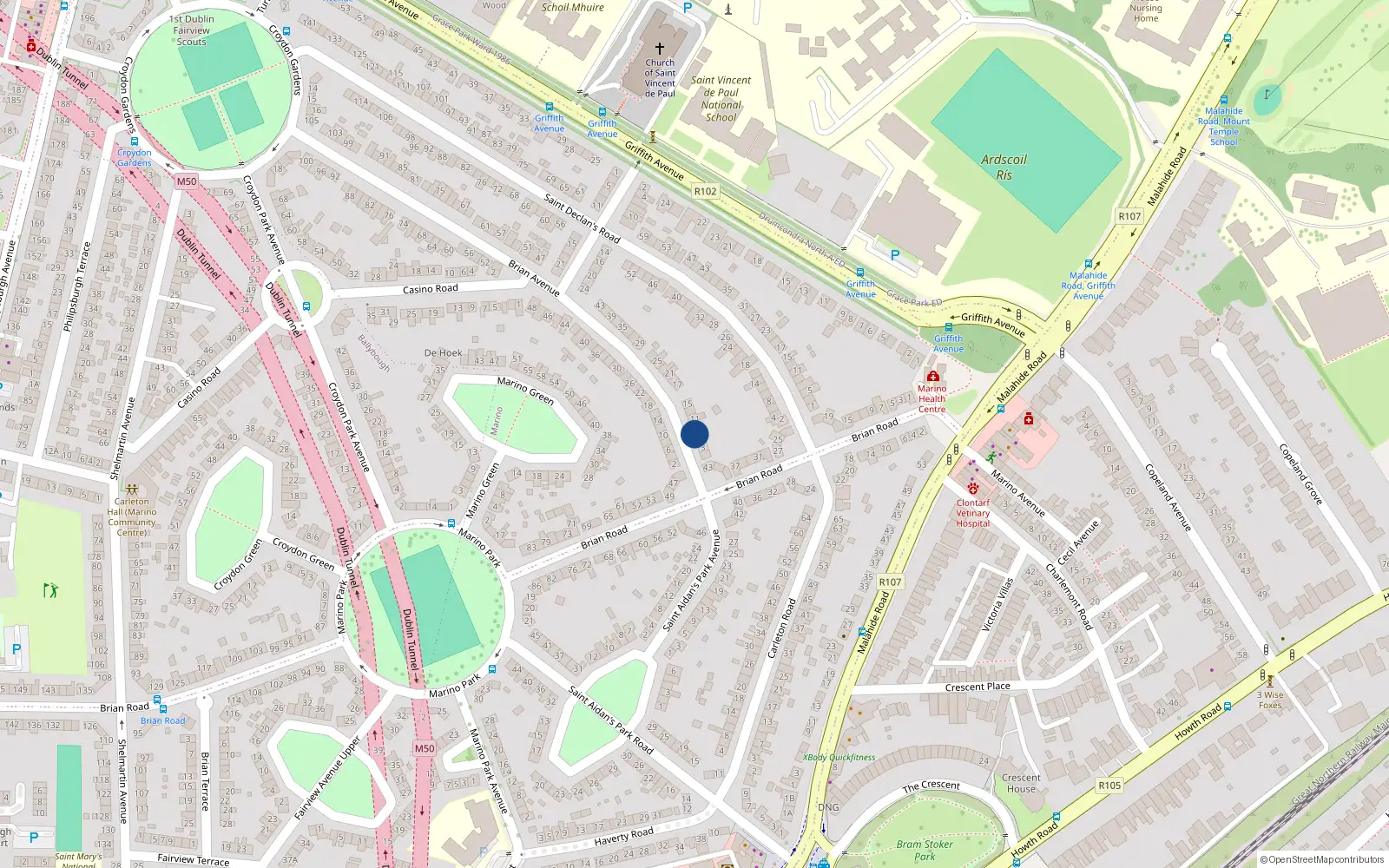 Overhead map showing the location of 7 Brian Avenue, Marino, Dublin 3