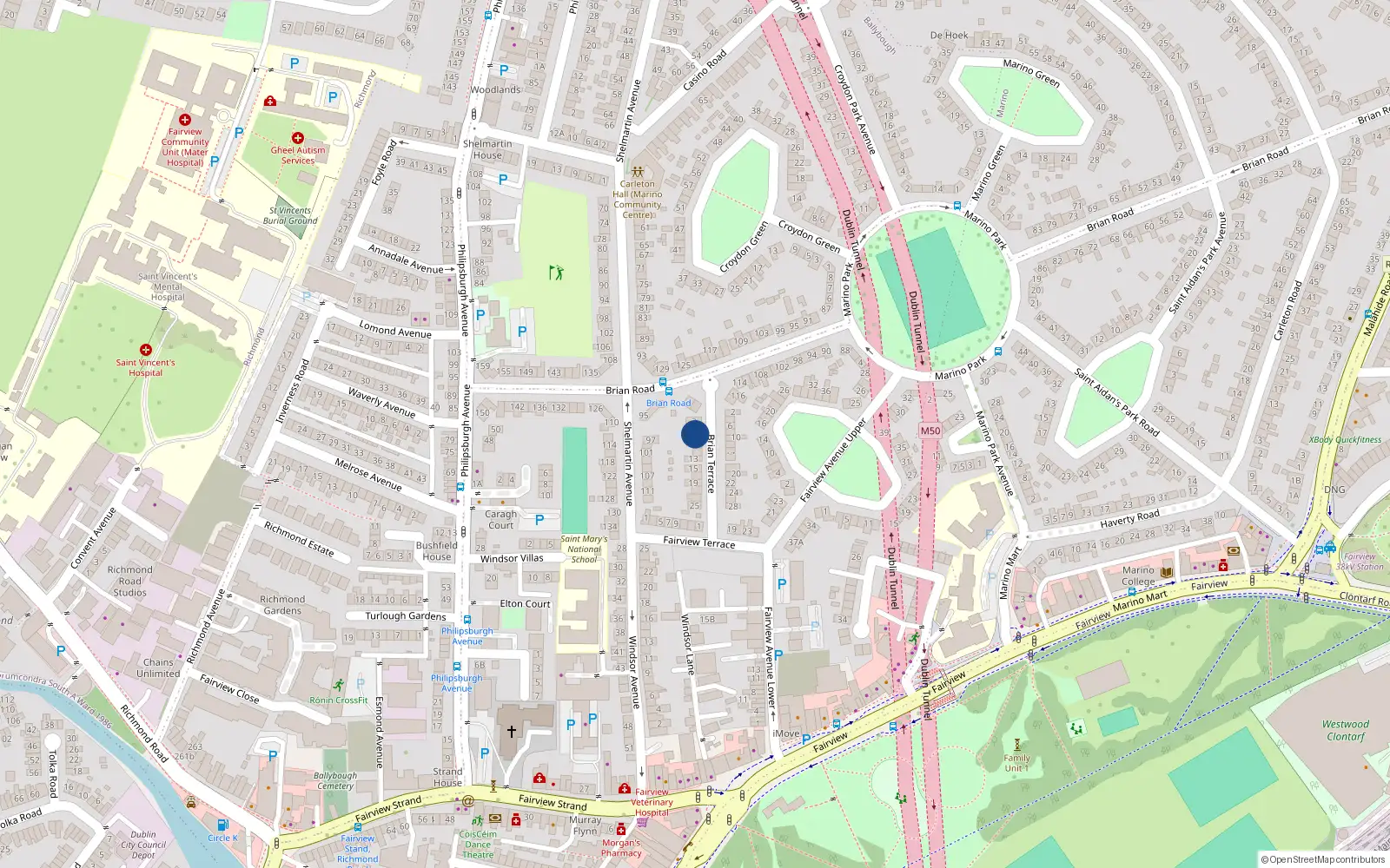Overhead map showing the location of 7 Brian Terrace, Dublin 3