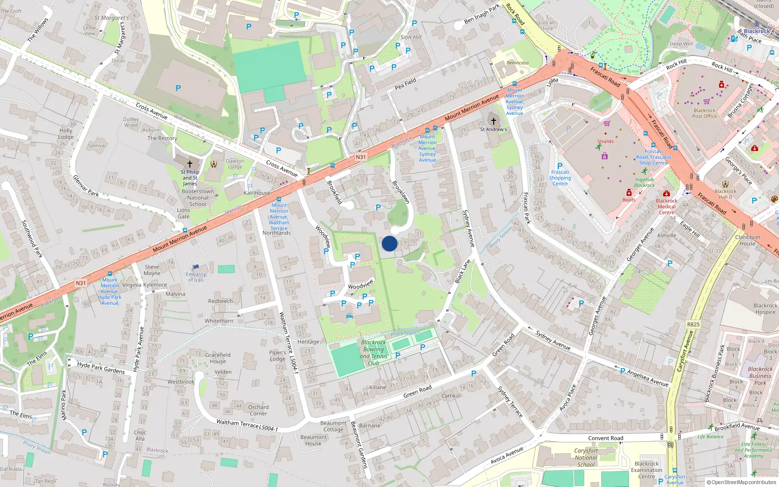 Overhead map showing the location of 7 Brooklawn, Blackrock