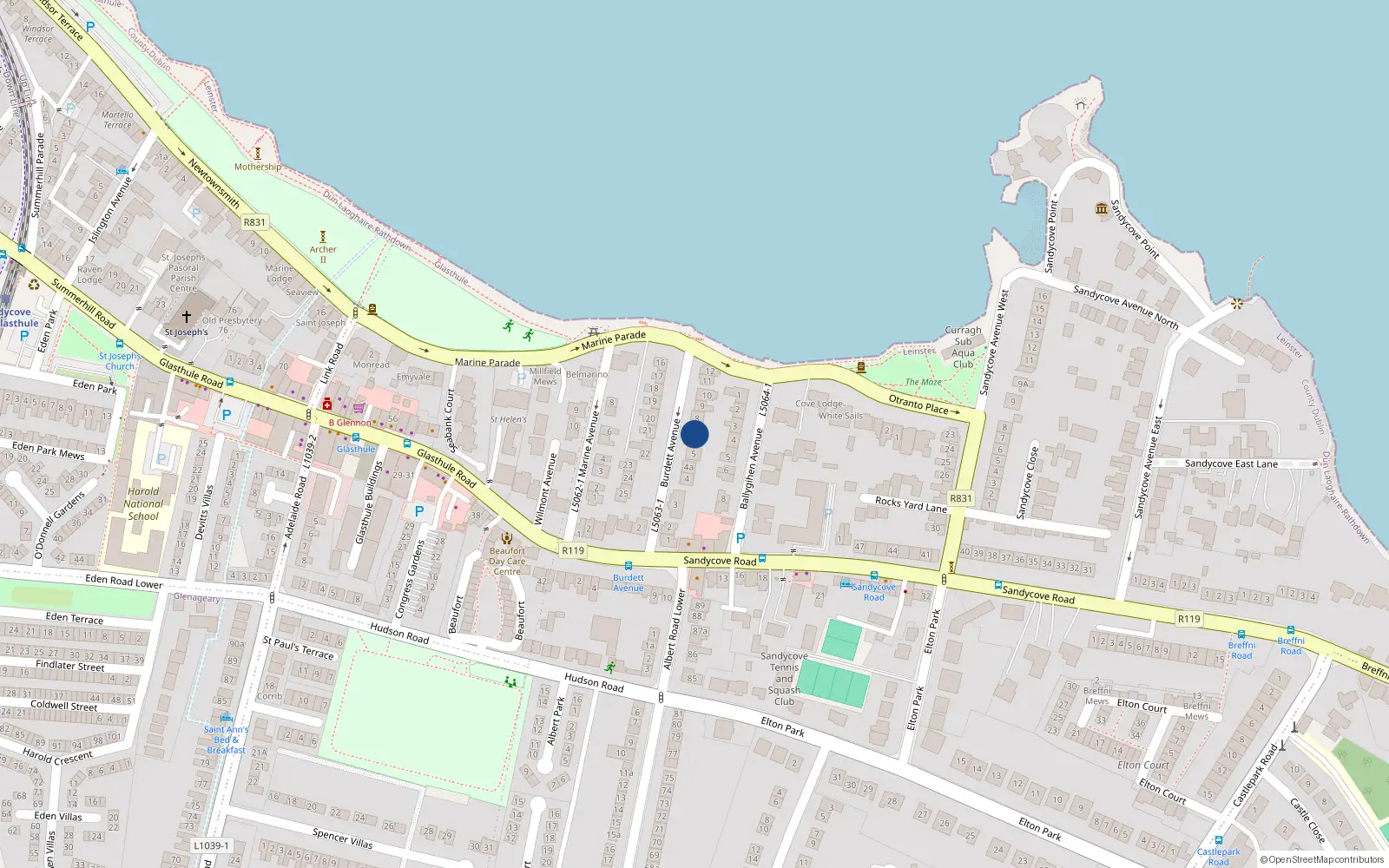Overhead map showing the location of 7 Burdett Avenue, Sandycove, Dublin