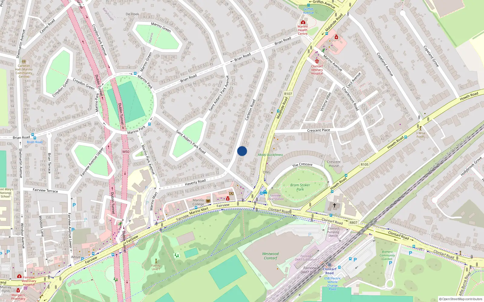 Overhead map showing the location of 7 Carleton Road, Marino, Dublin 3