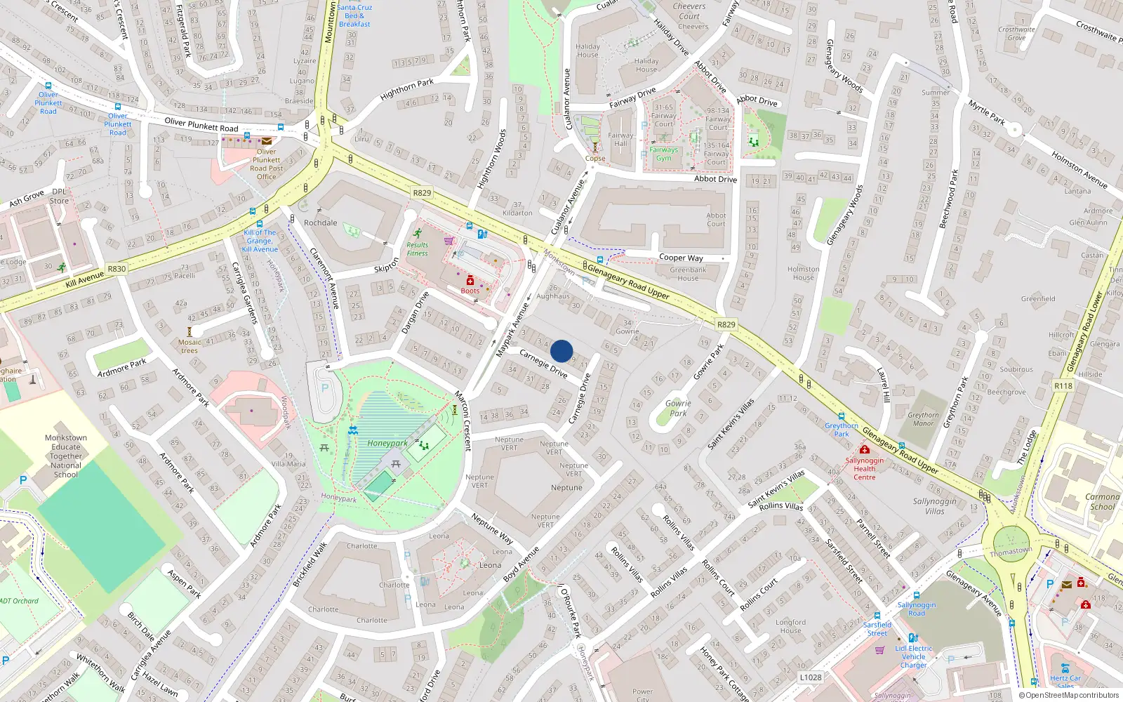 Overhead map showing the location of 7 Carnegie Drive, Dun Laoghaire