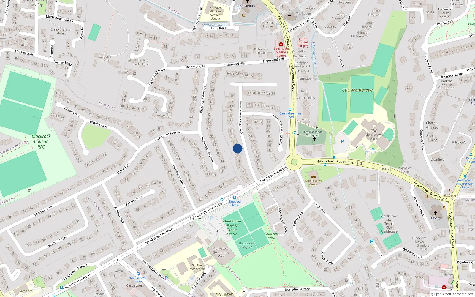 Overhead map showing the location of 7 Carrickbrennan Lawn, Monkstown, Blackrock