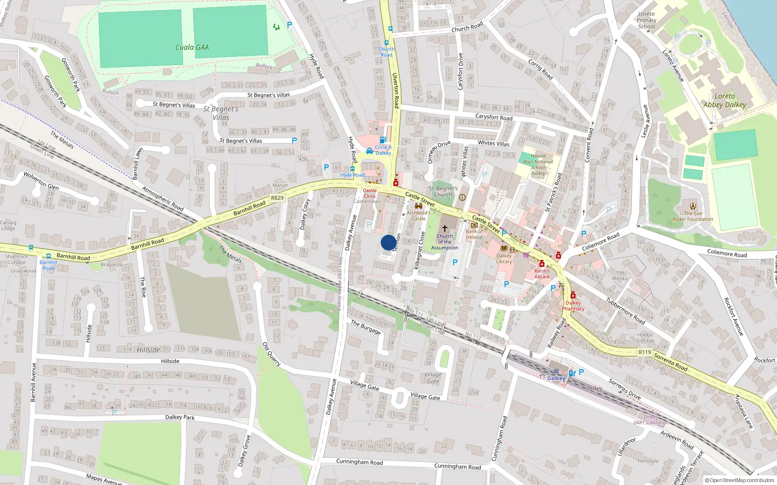 Overhead map showing the location of 7 Castle Street, Dalkey