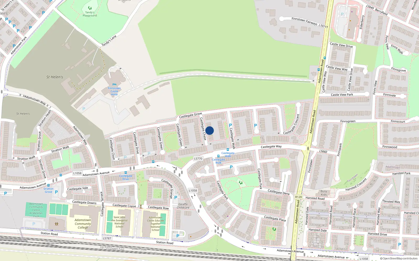 Overhead map showing the location of 7 Castlegate Chase, Adamstown, Lucan