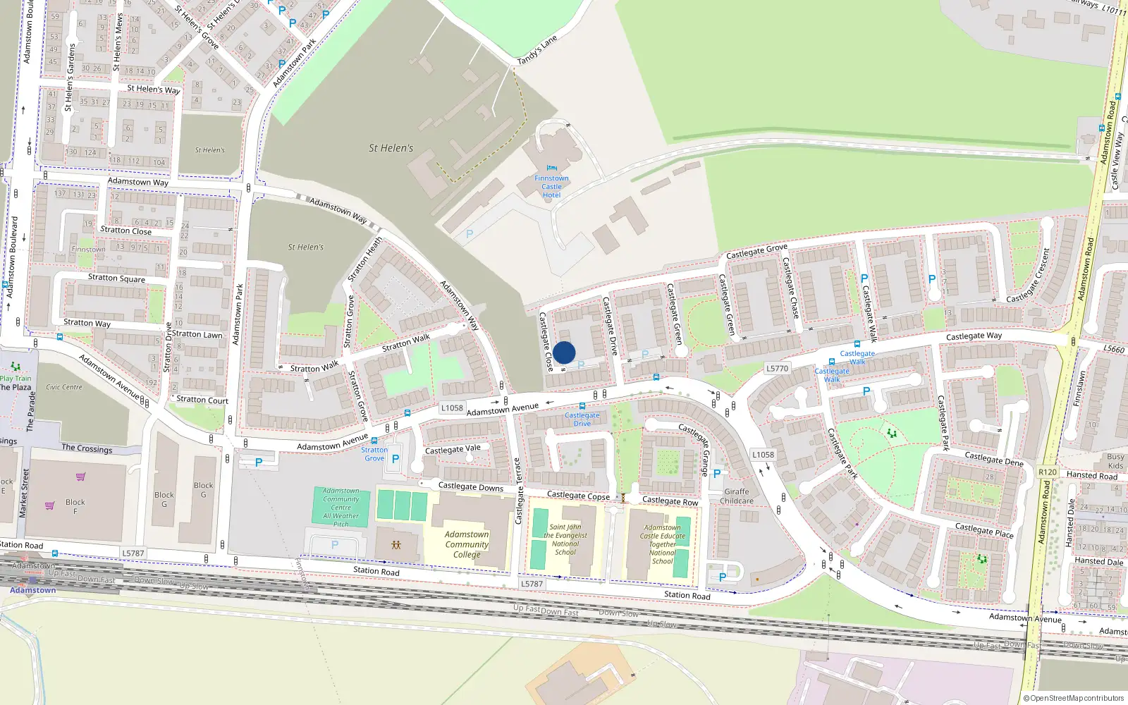 Overhead map showing the location of 7 Castlegate Close, Adamstown, Lucan