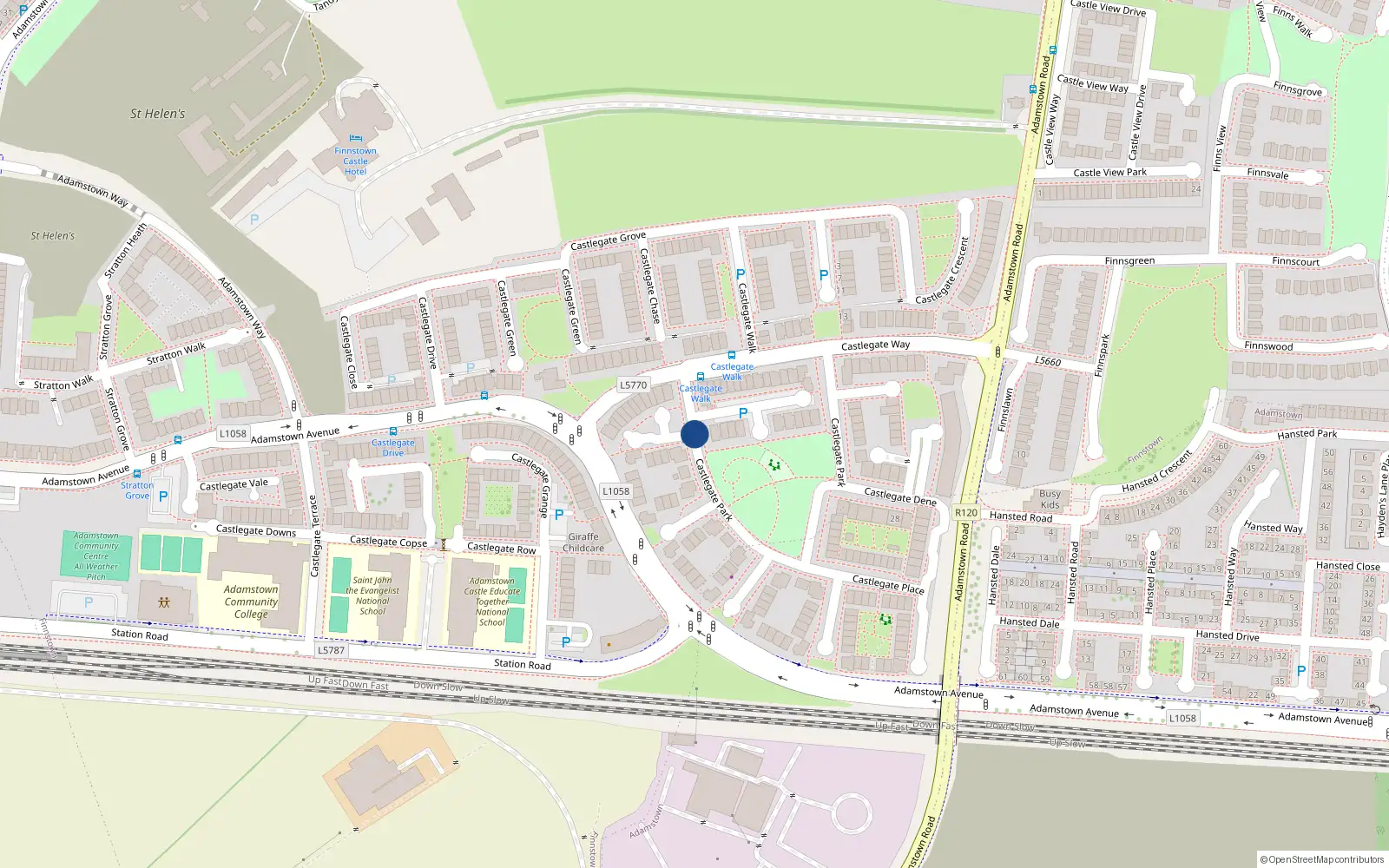 Overhead map showing the location of 7 Castlegate Court, Lucan