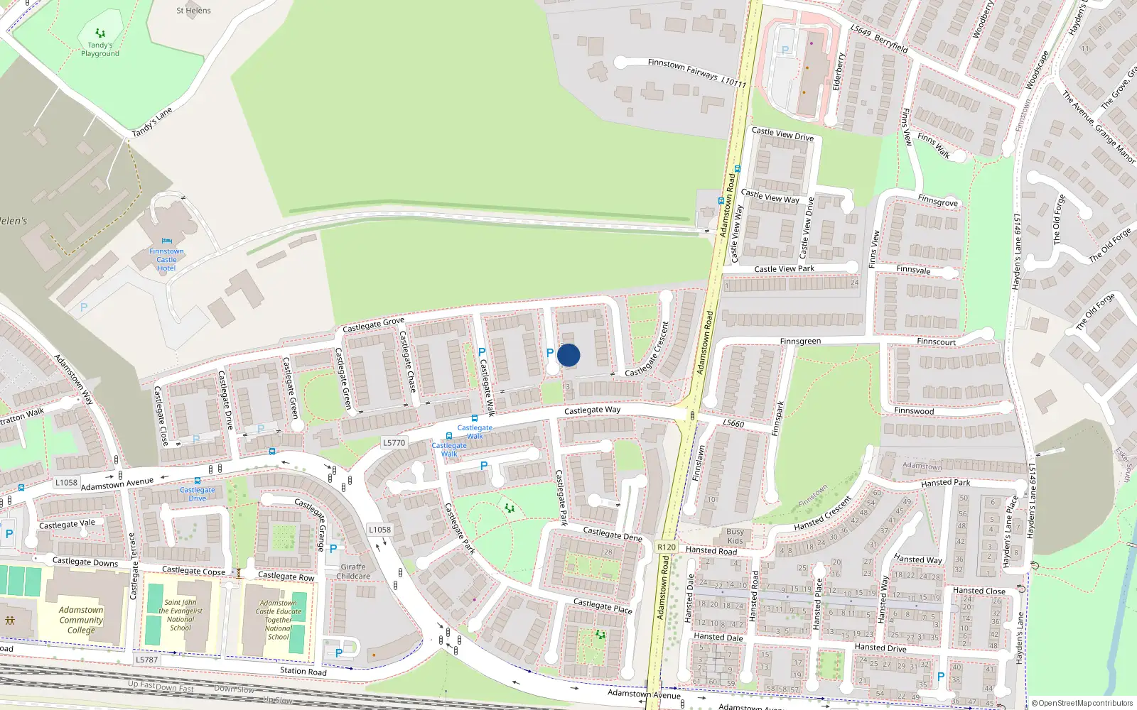 Overhead map showing the location of 7 Castlegate Elms, Adamstown, Lucan