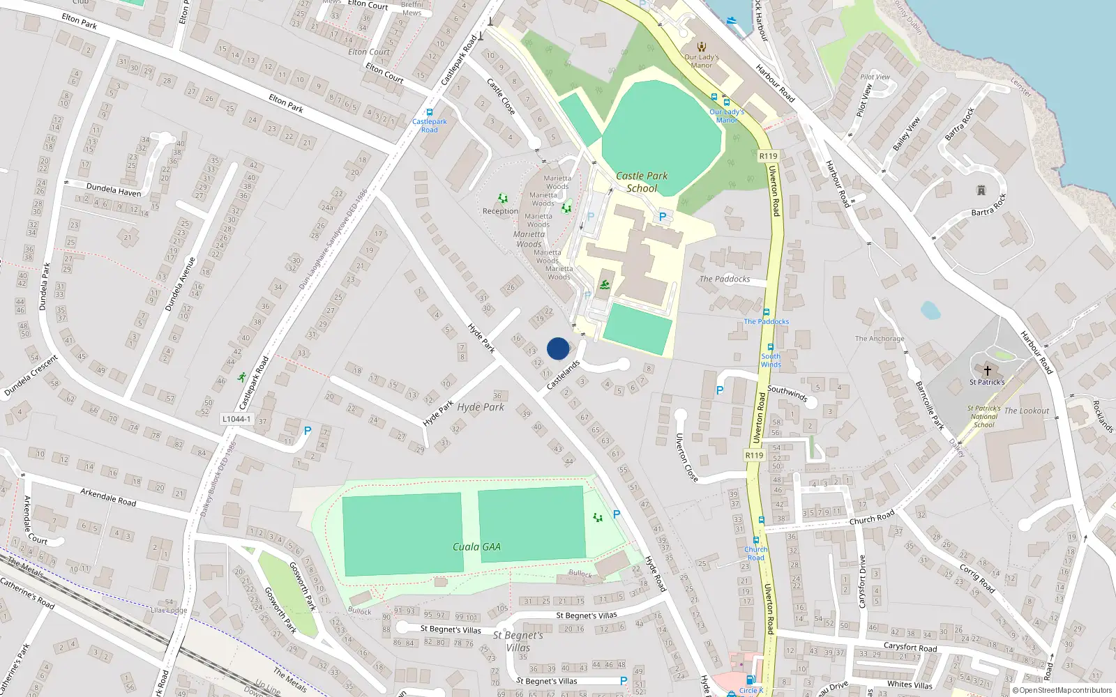 Overhead map showing the location of 7 Castlelands, Dalkey