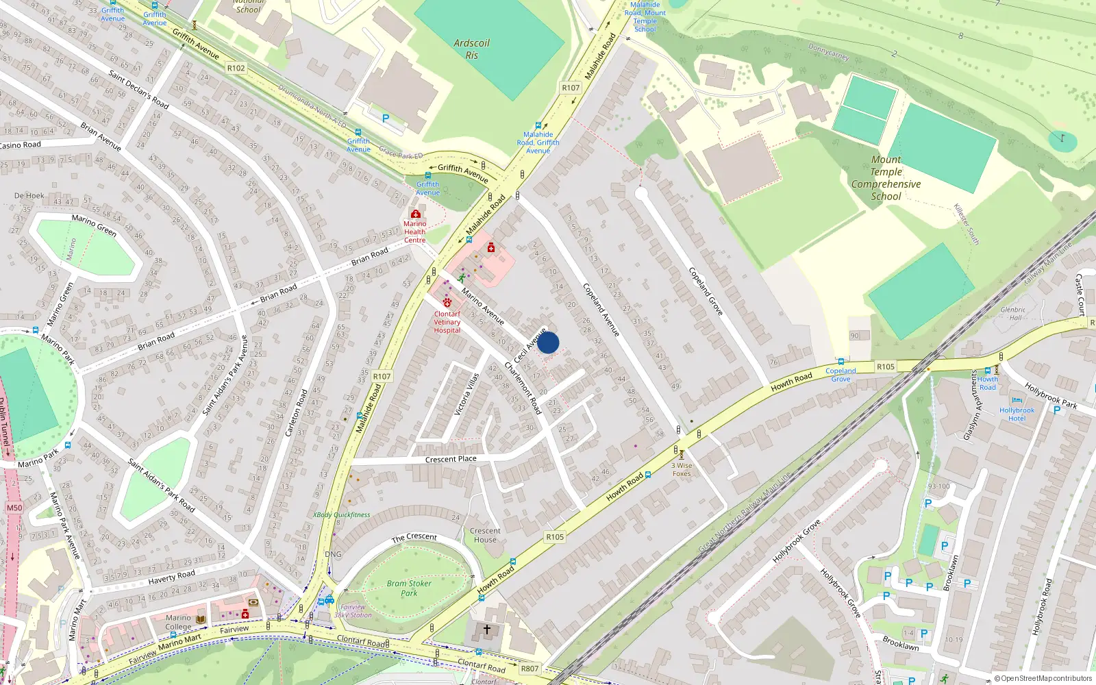 Overhead map showing the location of 7 Cecil Avenue, Dublin 3